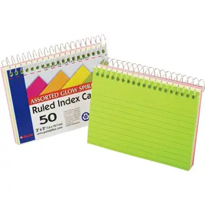 Spiral Bound Glow Index Cards, 3" x 5", Ruled,  Bright Colors, 50 Cards per Book (40281)