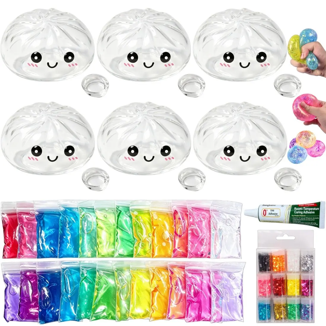 【Black Friday】DIY Stress Ball Making Kit, 24-Color Slime & 12-Color Glitter Powder, 6 Dumpling-Shaped Plastic Shells, Soft Stress Balls for Beginners, Squishy Fidget Toys