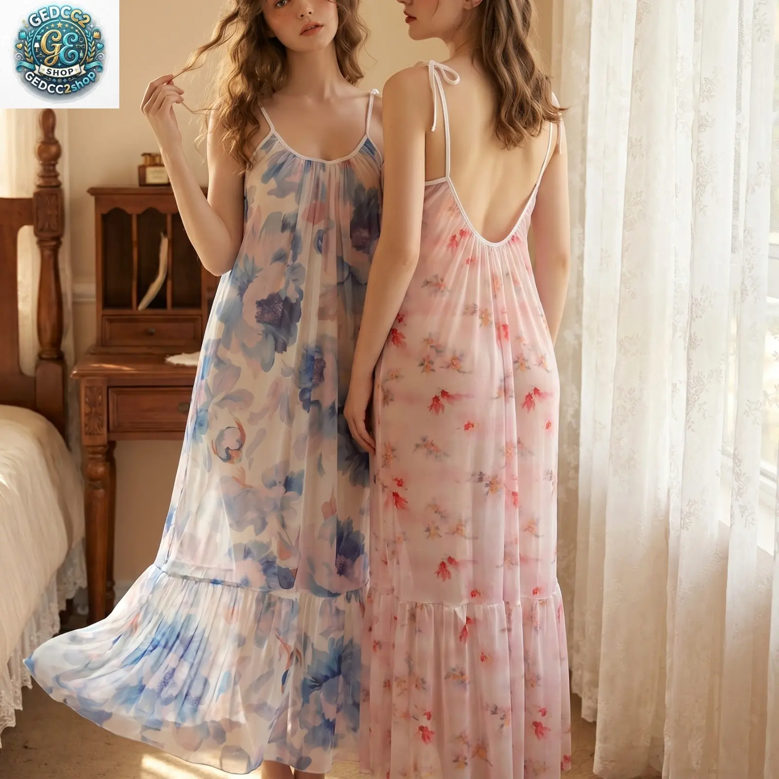Women’s Floral Long Nightgown, Lightweight Mesh Sleep Dress with Breathable Fabric, Elegant Summer Pajama Dress for Home & Relaxing Wear