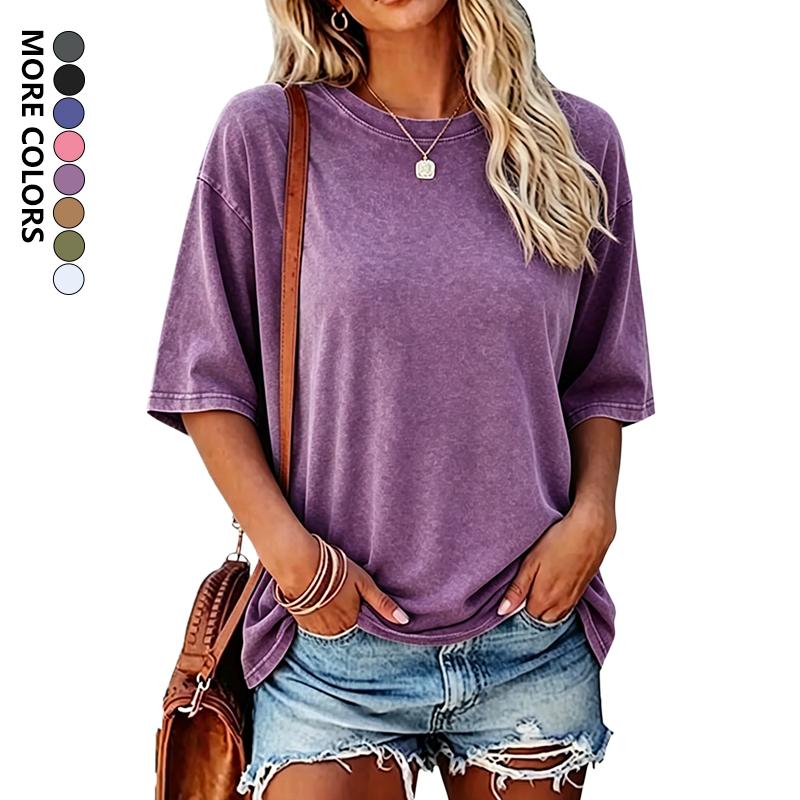 Women's 5-Pack Pure Cotton Washed Finish Short-Sleeve T-Shirt Set, Round Neck, Relaxed Fit, Distressed Print, Skin-Friendly Breathable, Minimalist Vintage Casual, Women's Tops, Machine Washable, Pairs with Jeans Shorts