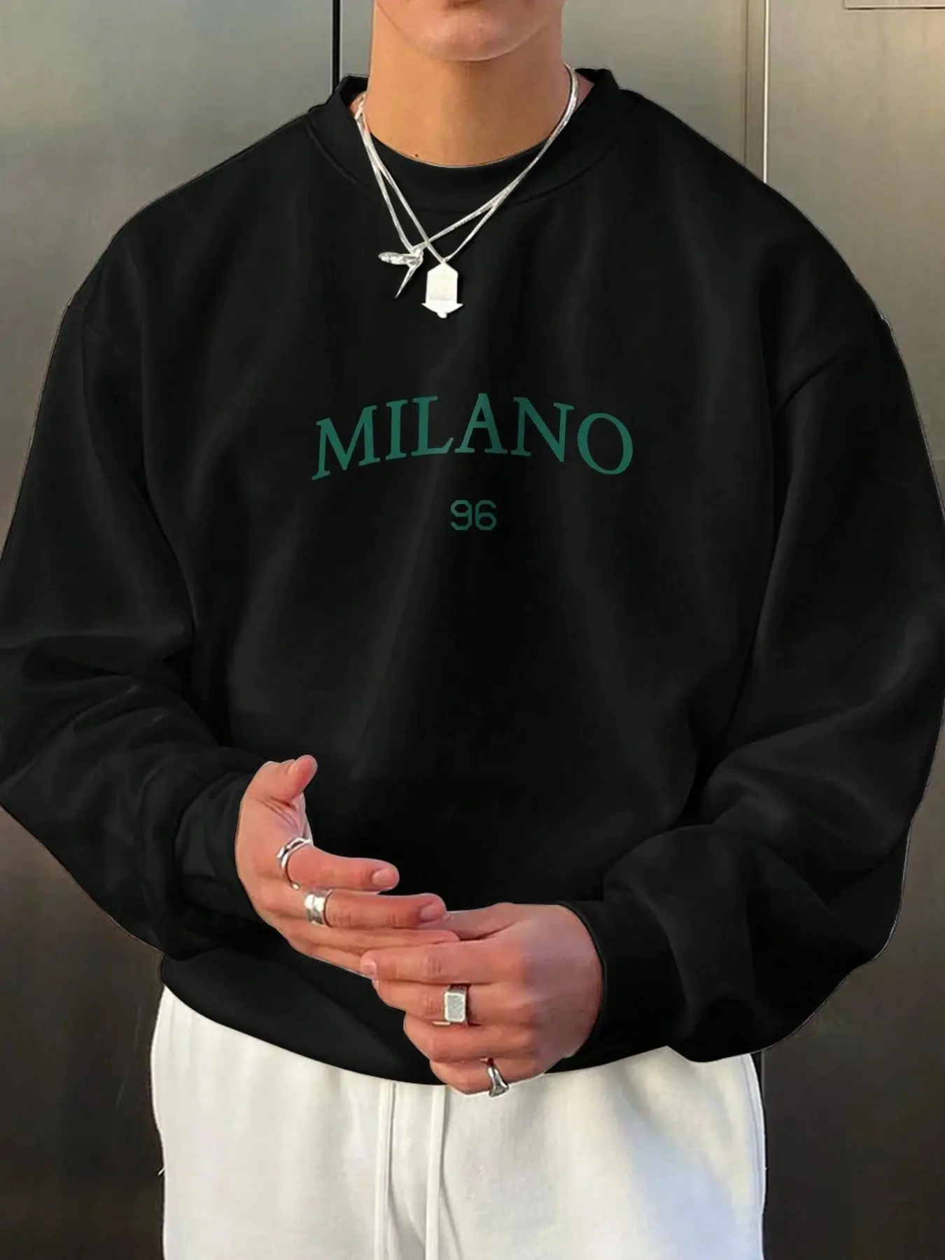 Milano 96 Letter Print Round Neck Sweatshirt, Soft Fabric Clean Fit, Unisex Casual Wear, Fall Winter Couple, Urban Commute Style