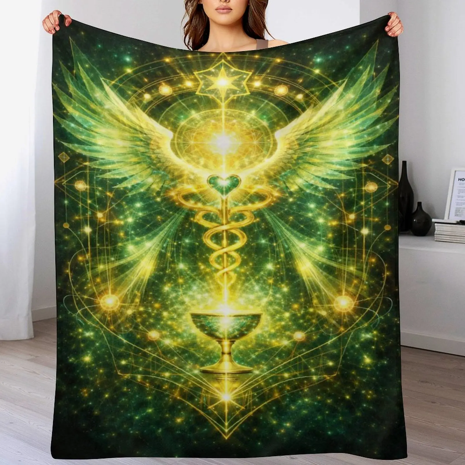 Cosmic Sacred Geometry Healer Angel Light Art Cozy Flannel Throw Blanket Soft Warm Spiritual Meditation Decor Blanket for Couch Bedroom Gift for Nurse Mystical Lovers