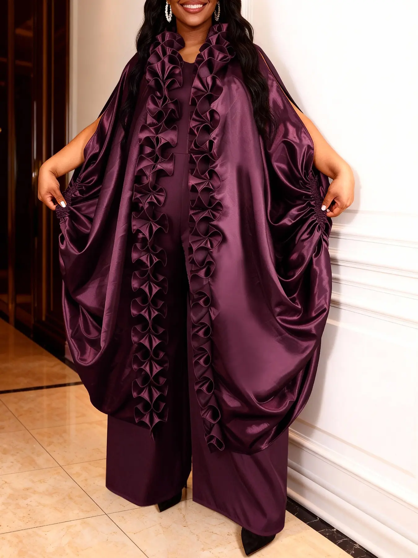 Women Elegant Two Piece Set, Loose Ruffled Cape Gown with Round Neck Sleeveless Jumpsuit, Perfect for Wedding Guests, Church Events, Dinner Parties, Spring Summer Outfits