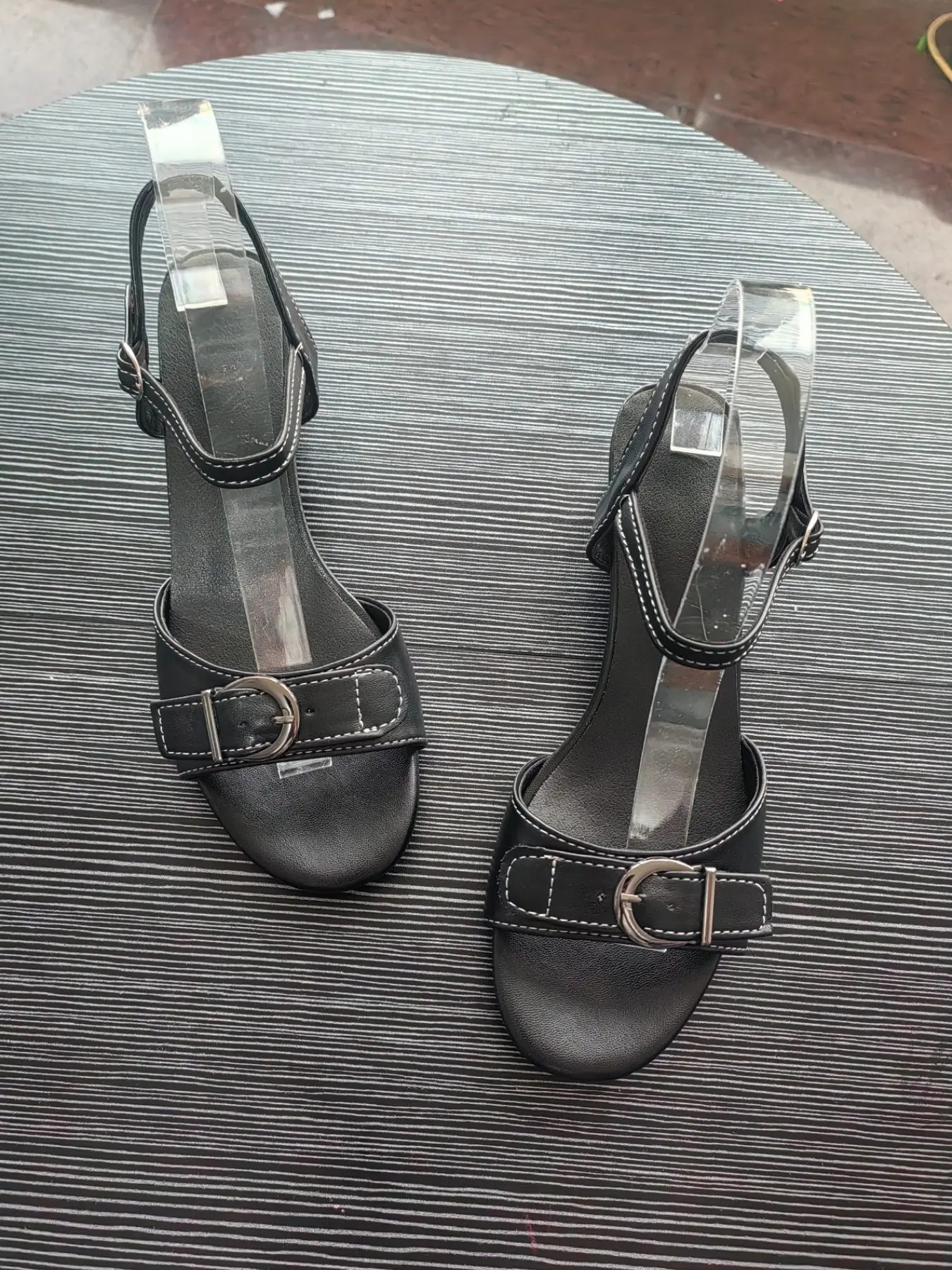 Summer Leather Look Slingback Sandals, Ladies Round Toe, Contrast Stitching, Metal Buckle, Strappy Back Strap, Elegant Office High Heels
