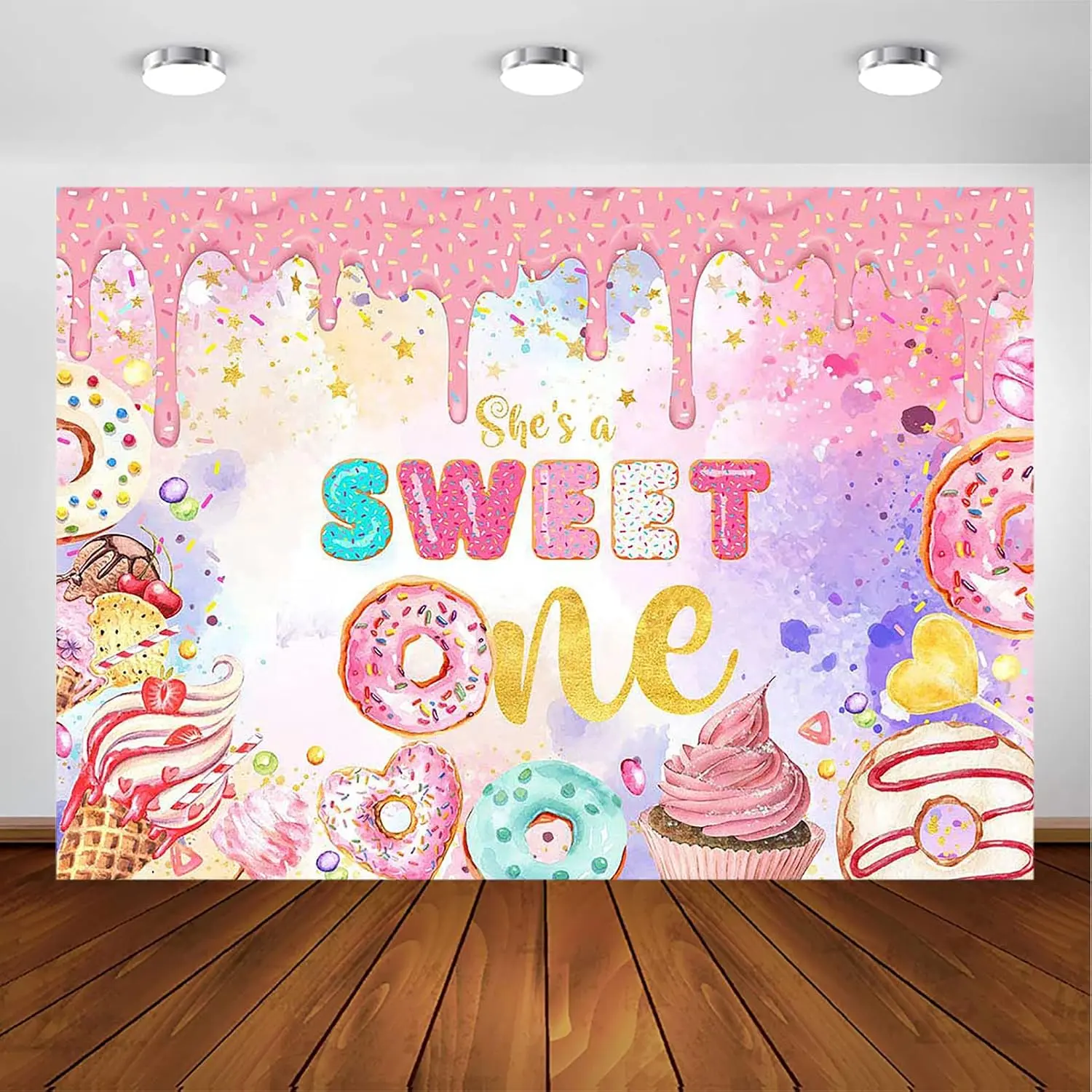 Sweet  Birthday Backdrop for  Girl's First Birthday  Sweet Donut Ice Cream Photo Background Candy Land Theme Birthday Party Decorations (7x5ft)