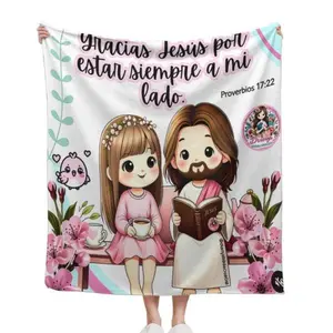 White Base Pink Floral Chibi Jesus Little Girl Spanish Bible Verse Flannel Throw Blanket Christian Spanish Thank You Jesus Religious Comfort Blanket Hispanic Catholic Faith Spiritual Gift 30*40in 40*50in 50*60in 60*80in US Local Shipping cooling blankets