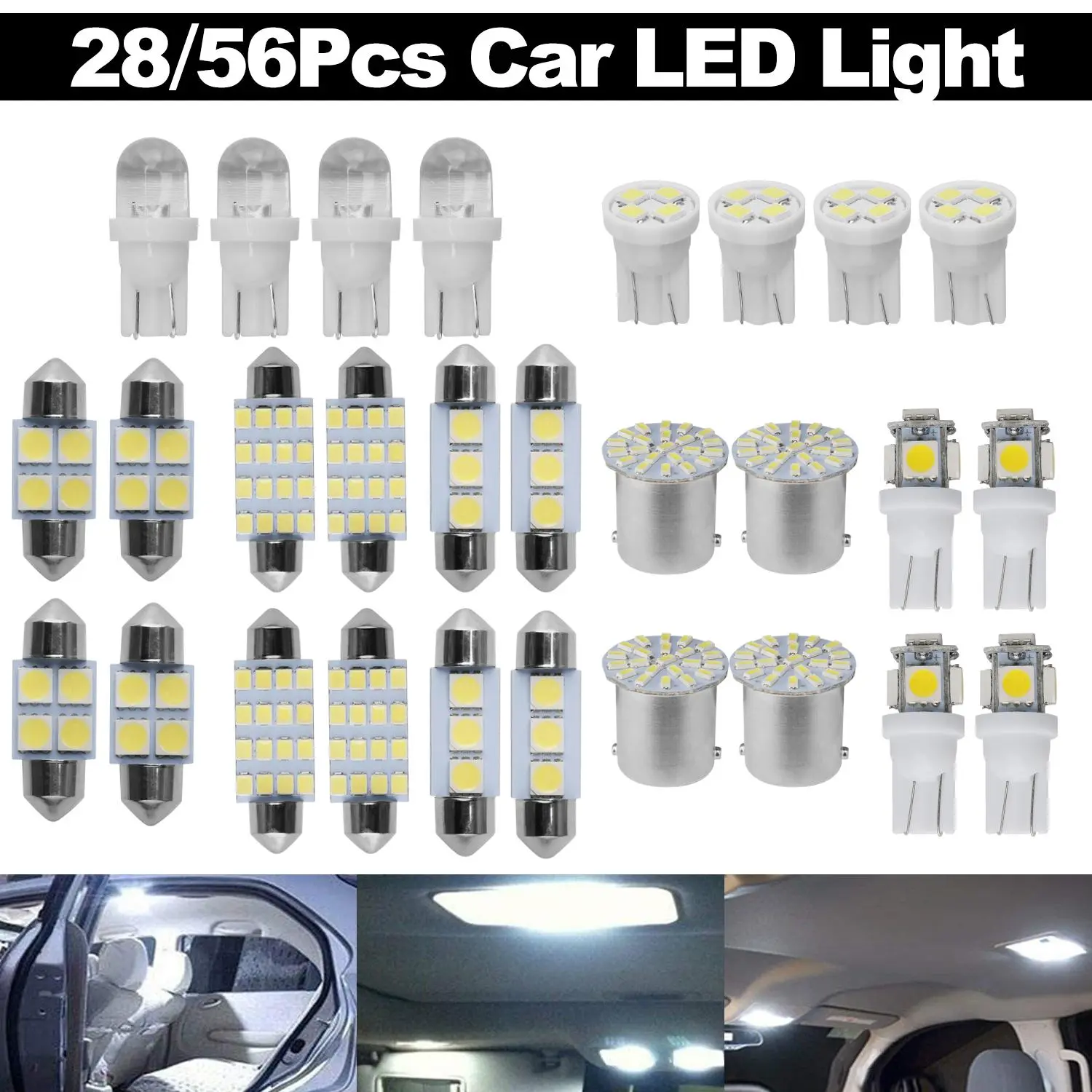 28/56PCS Combo LED Car Interior Light Bulbs Kit, 12V Xenon White 5050&1210 SMD Dome Map Door License Plate Reading Lights, Plug-and-Play Halogen Replacement for Auto