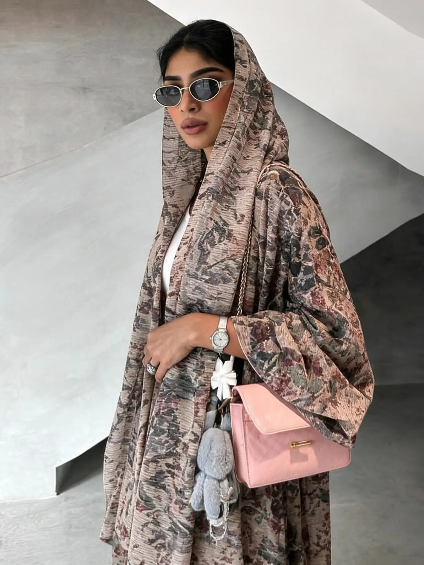 Elegant Arabic Traditional Abaya, Elegant Islamic Clothing, Loose Long Sleeve Full Placket, Ditsy Floral Print, Unlined, All Seasons, Includes Headscarf