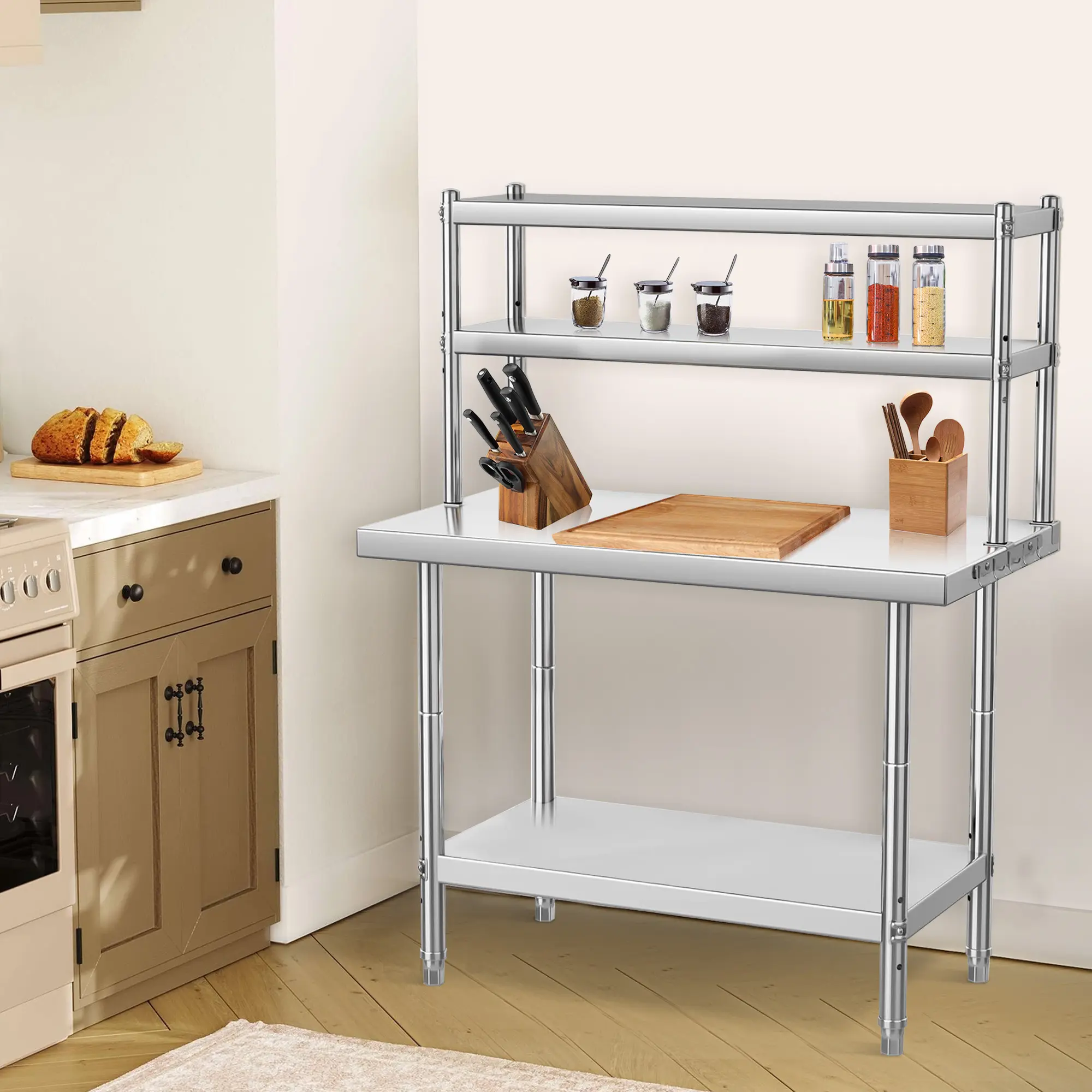 Stainless Steel Work Table with Overshelves – 36/48" Sizes, 12" Deep Shelf – for Commercial Kitchen/Garage – Rust-Resistant, Heavy Duty – Easy Clean