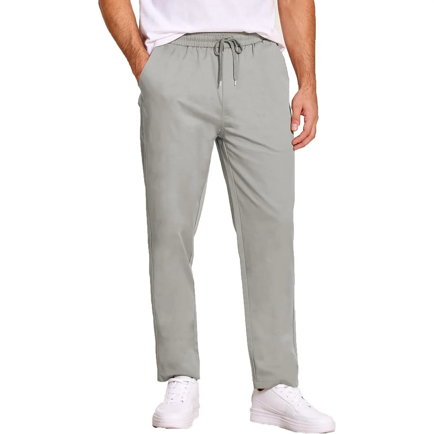 Men's Casual Cotton Pants Regular Fit Elastic Waist Drawstring Twill Pants Straight Leg Chino Pants
