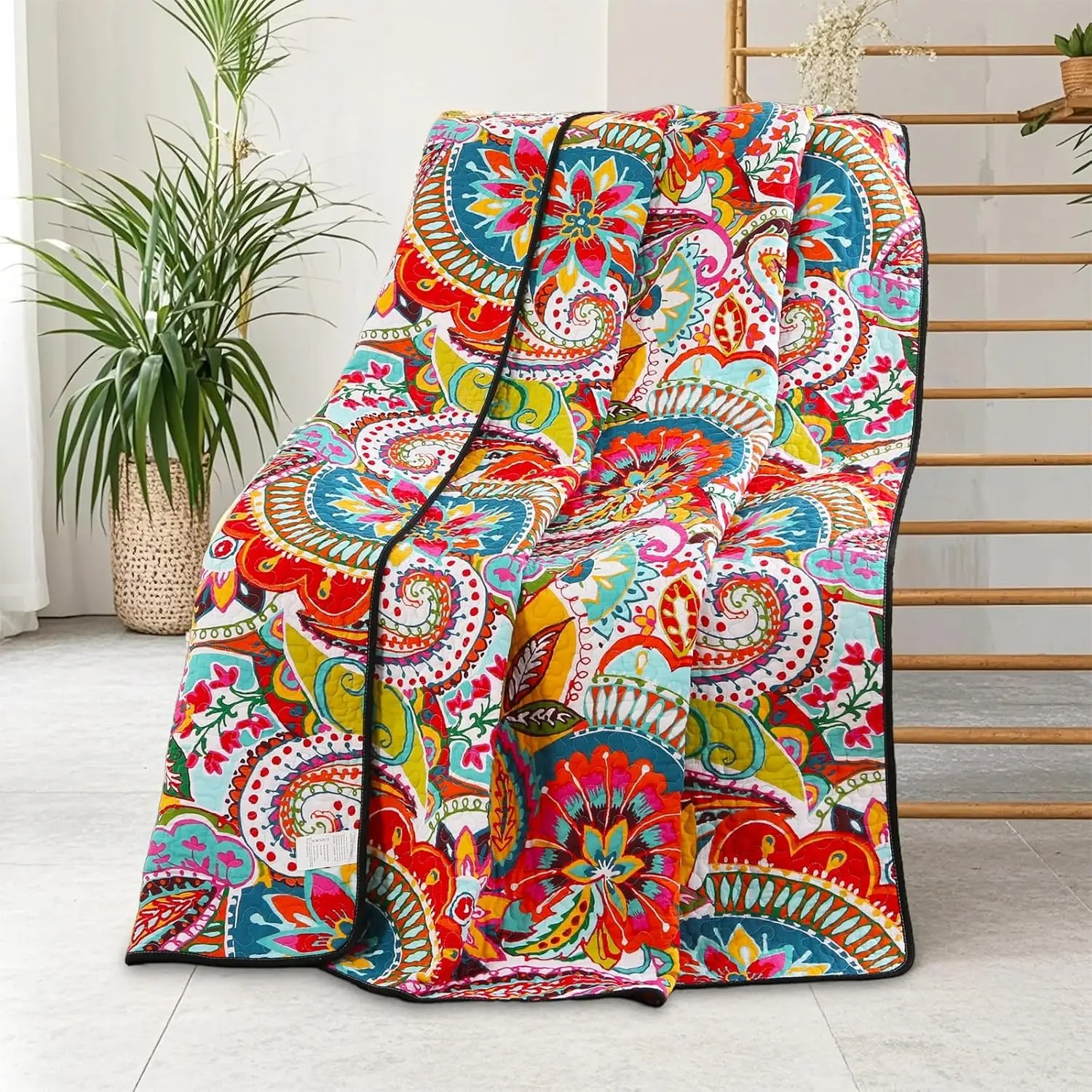 Cotton Quilted Throw Blanket, Soft Boho Quilt 59"x79", Bright Colorful Red, Orange, Pink and Blue Reversible Paisley Lightweight Quilts for Couch Sofa Beds