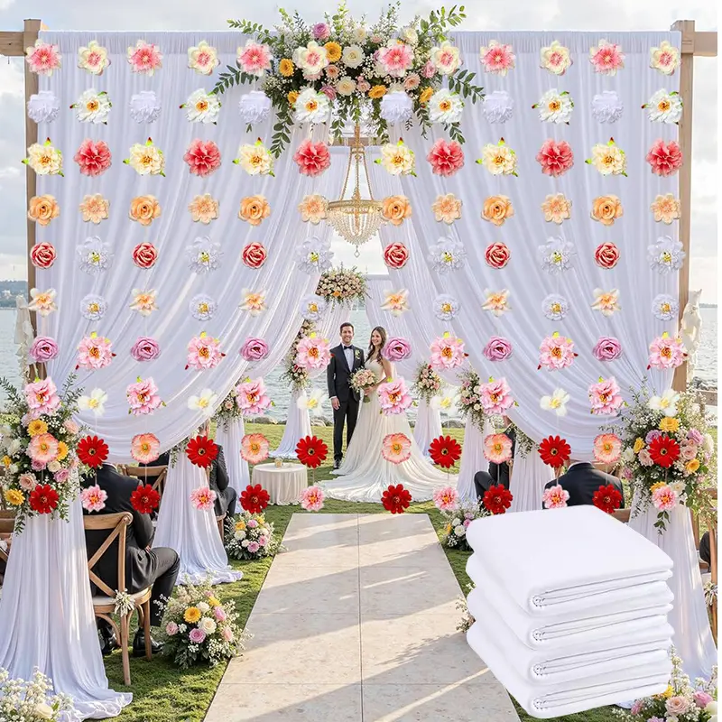 106/53 Pcs White Backdrop Curtain, 146*300CM White Non-Ruffled Curtain, Party Supplies With Realistic Flower Decorations, DIY Flowers Available, Suitable For Birthday Parties, Wedding Parties, Baby Parties, And Photo Background Setup