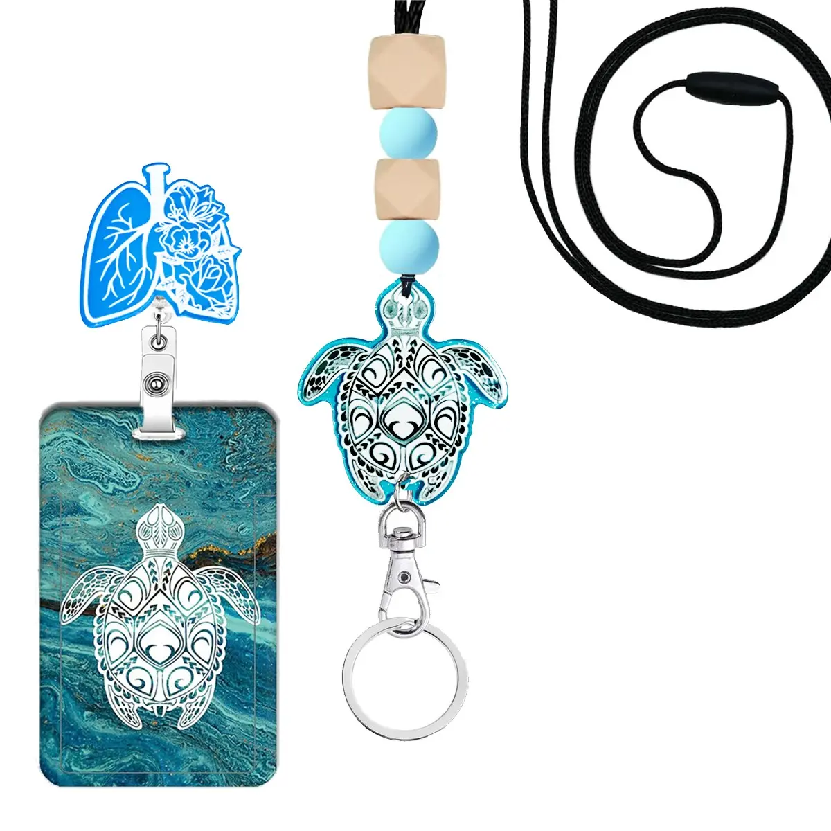 Blue Turtle ID Badge Clip with Lanyard and Retractable Roll, Rotating Badge Holder, Silicone Decor, Office Gift for Doctors and Teachers, Id Holders for Badges, Badge Reels Retractable