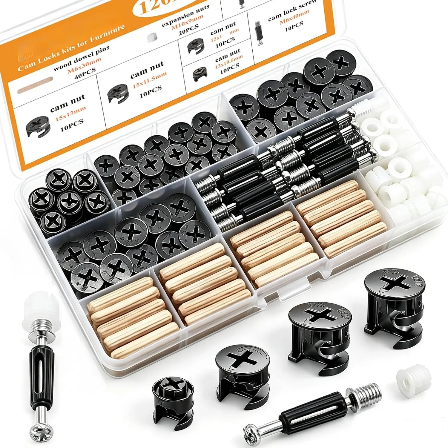 120 count Cam Locks for Furniture3-in-1 Eccentric Hardware Wheels,Furniture Fasteners&Connectors with Multi-Size Nuts, and  Dowel Pins,Kit for Furniture Assembly/Repair(Black)