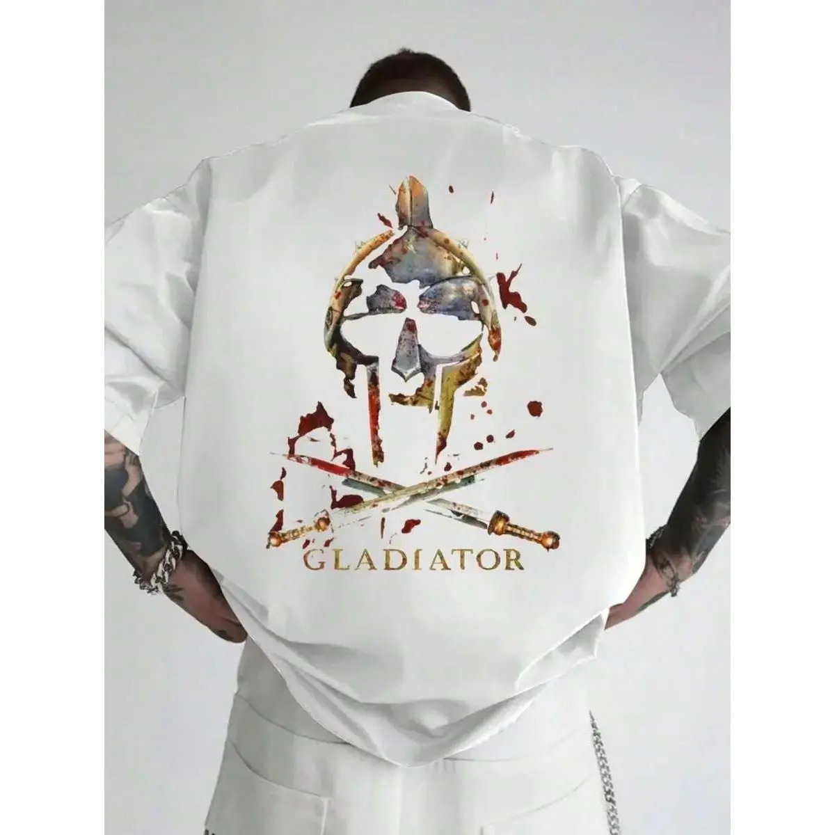 [Sporty Menswear Top] Men's Oversized Round Neck Gladiator Print Shirt - Roman Gladiator Helmet & Crossed Swords Design, Soft Breathable Fabric, Loose Fit, Machine Washable