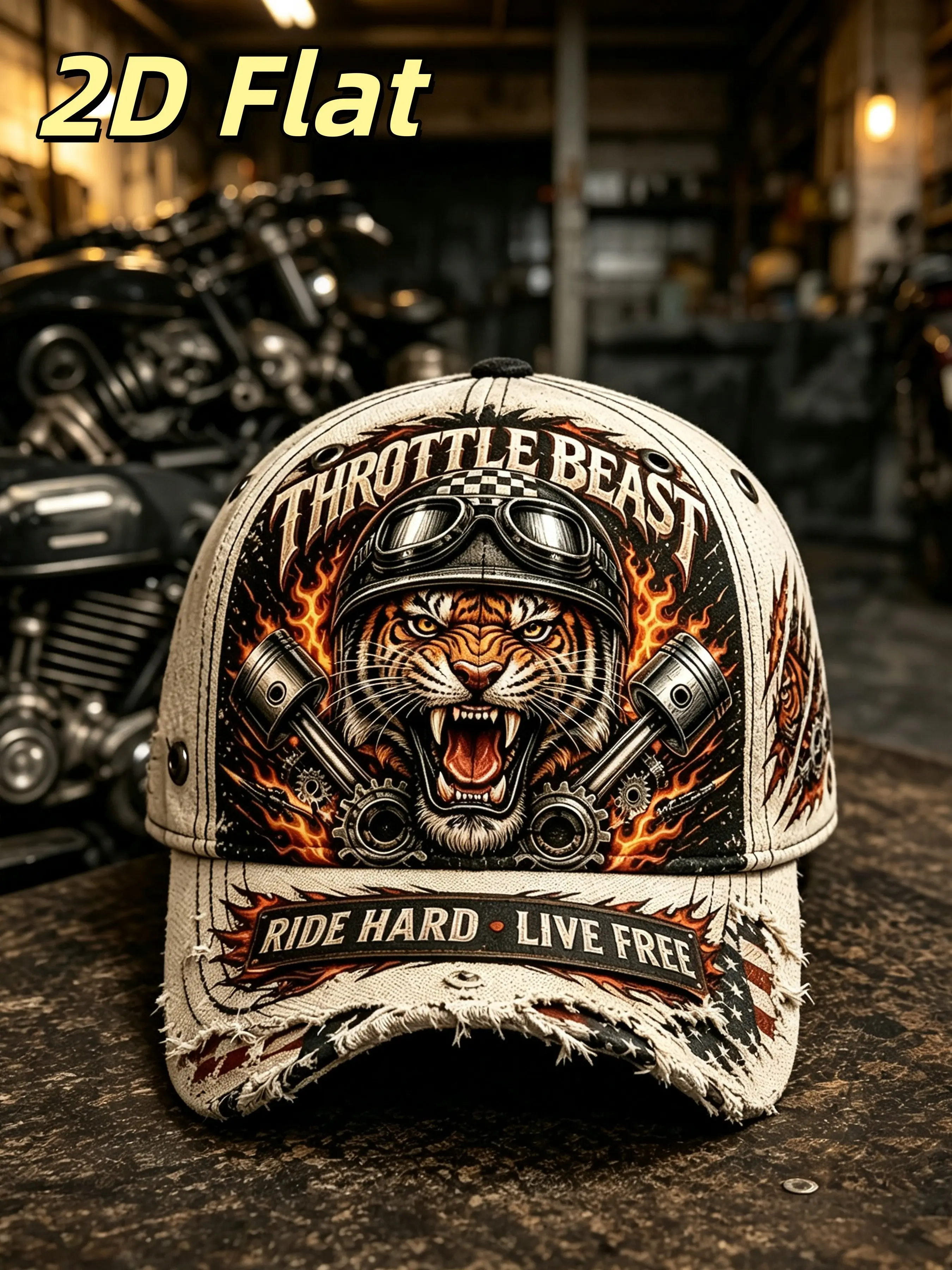 Vintage Tiger Motorcycle Hat, Throttlebeast Baseball Cap with Piston Flame Design, Adjustable Trucker Hat for Riders, Unisex Street Style