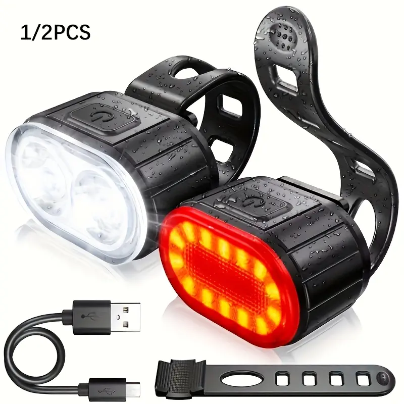 1/2Pcs USB Rechargeable LED Bike Light Set with USB Port, Front & Rear Bikes Lights & Reflectors, Multifunctional Portable Easy-Install Floodlight for Night Riding (Multipack), Led Light