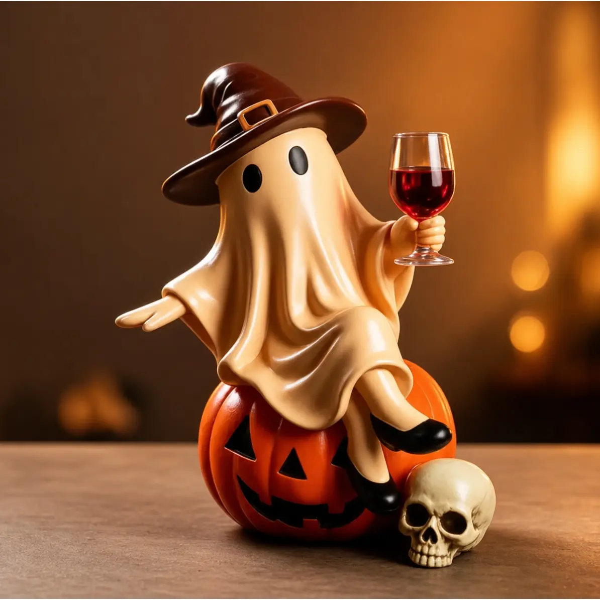 Drunk Ghost Halloween Table Centerpiece, Resin Figurine with Pumpkin Skull Base, Witch Hat and Wine Glass, Home and Office Decor