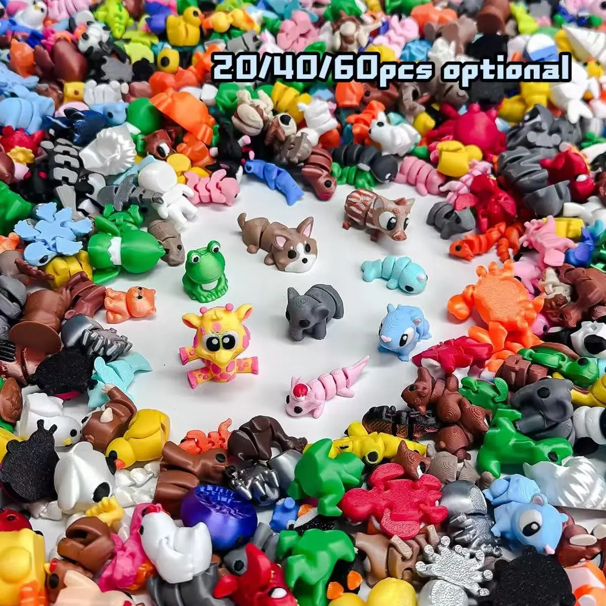 Durable Pocket Pet Sets—Adorable 3D Printed Possessive Mini Animal Dolls, 20/40/60 Pieces per Set. Flexible and collectible, perfect as desktop pets. Cute animal designs, ideal for party favors, school prizes, birthday party gifts, and Christmas presents.