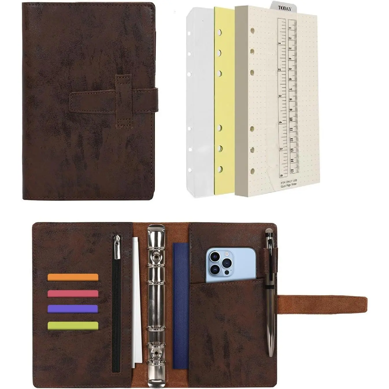 Leather Journal Refillable Binder A5 Writing Notebook Folder Organiser with Dotted Paper & Multi Pockets Cover for Business School Travel (A6, Black)