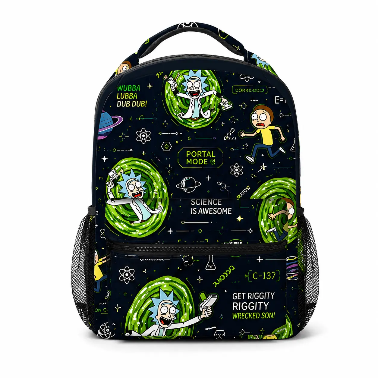 Rick and Morty Portal Print Backpack, Large Capacity School Bookbag with Front Zipper Pocket and Side Mesh Pockets for Teens Students Travel，sport backpack,lightweight,Pastel,Embroidered,Canvas,Tote,Bags,Adjustable,Crossbo,Men,Chri,Drawstring,Gym,Sackpack