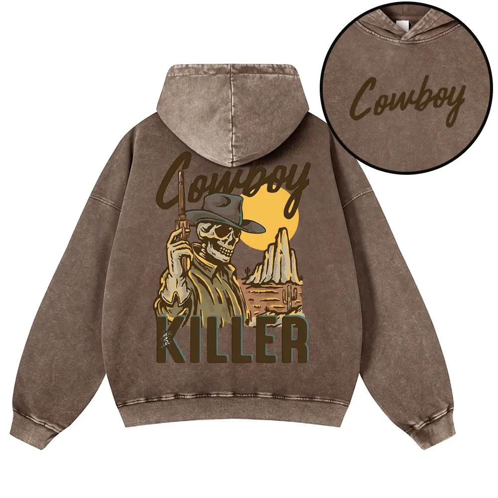 Men's Oversized Vintage Western Rodeo Hoodie - Acid Wash, Cowboy Killer Skeleton Gunslinger Graphic, Western Clothing, Country Music Themed Unisex Streetwear Pullover Sweatshirt