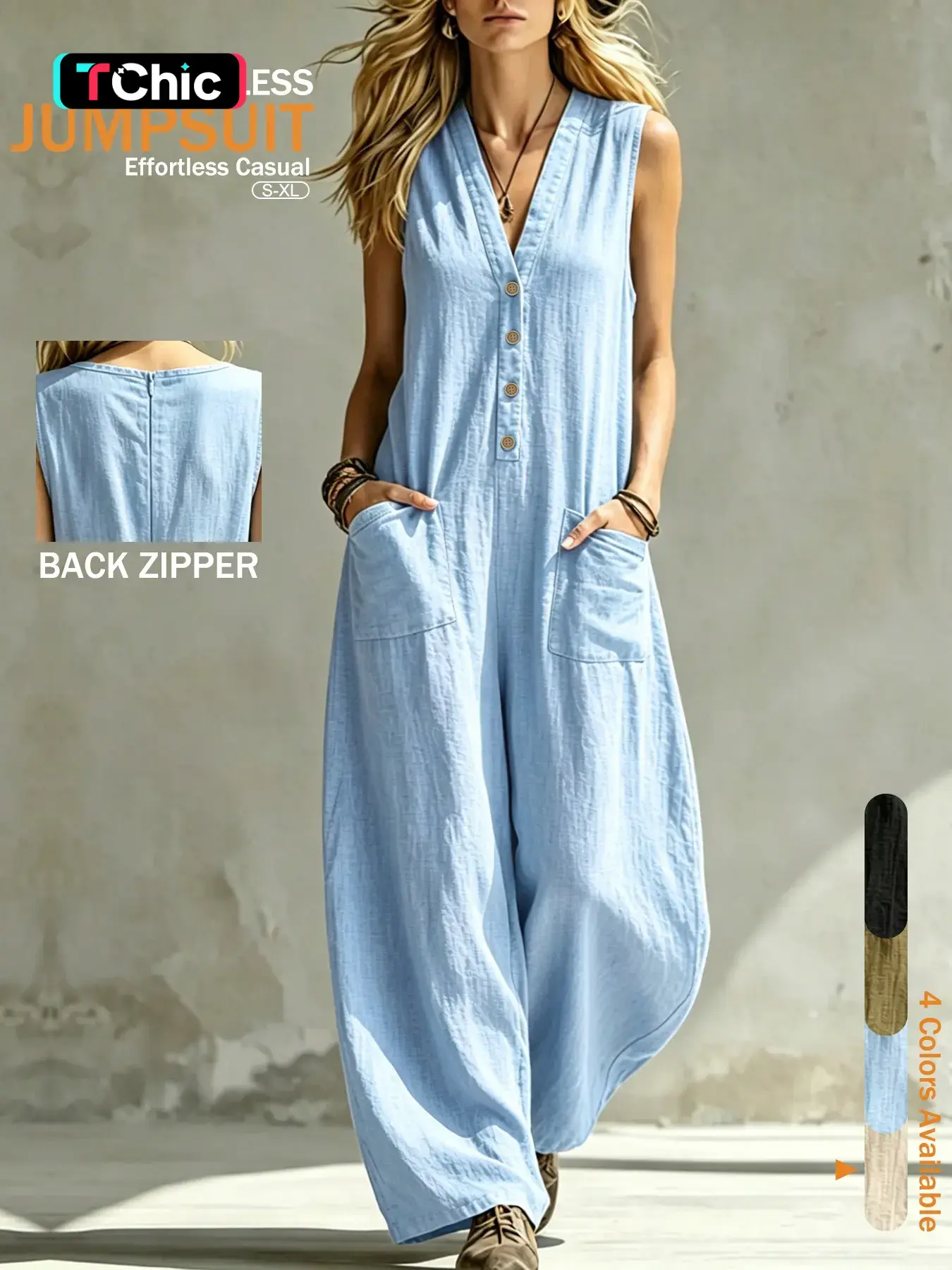 Women's Lightweight Sleeveless V-Neck Casual Style Jumpsuit, Fashionable Casual Breathable One-Piece, Trendy Everyday Summer Wear