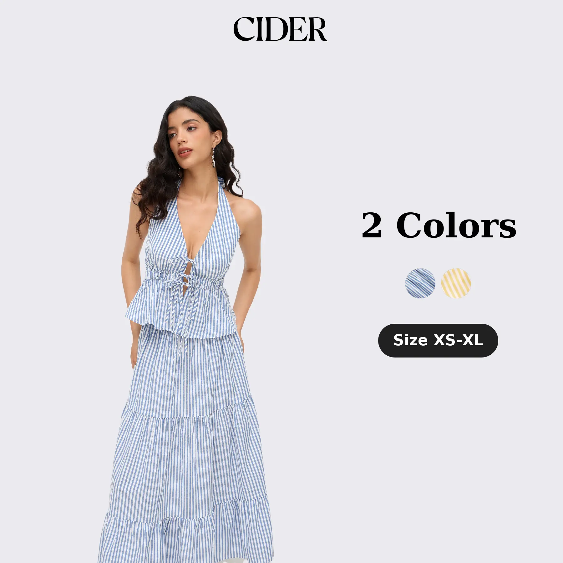 Cider Cotton-blend Halter Neckline Stripe Tie Front Shirred Top & Mid Rise Elastic Waist Ruffle Maxi Skirt Set