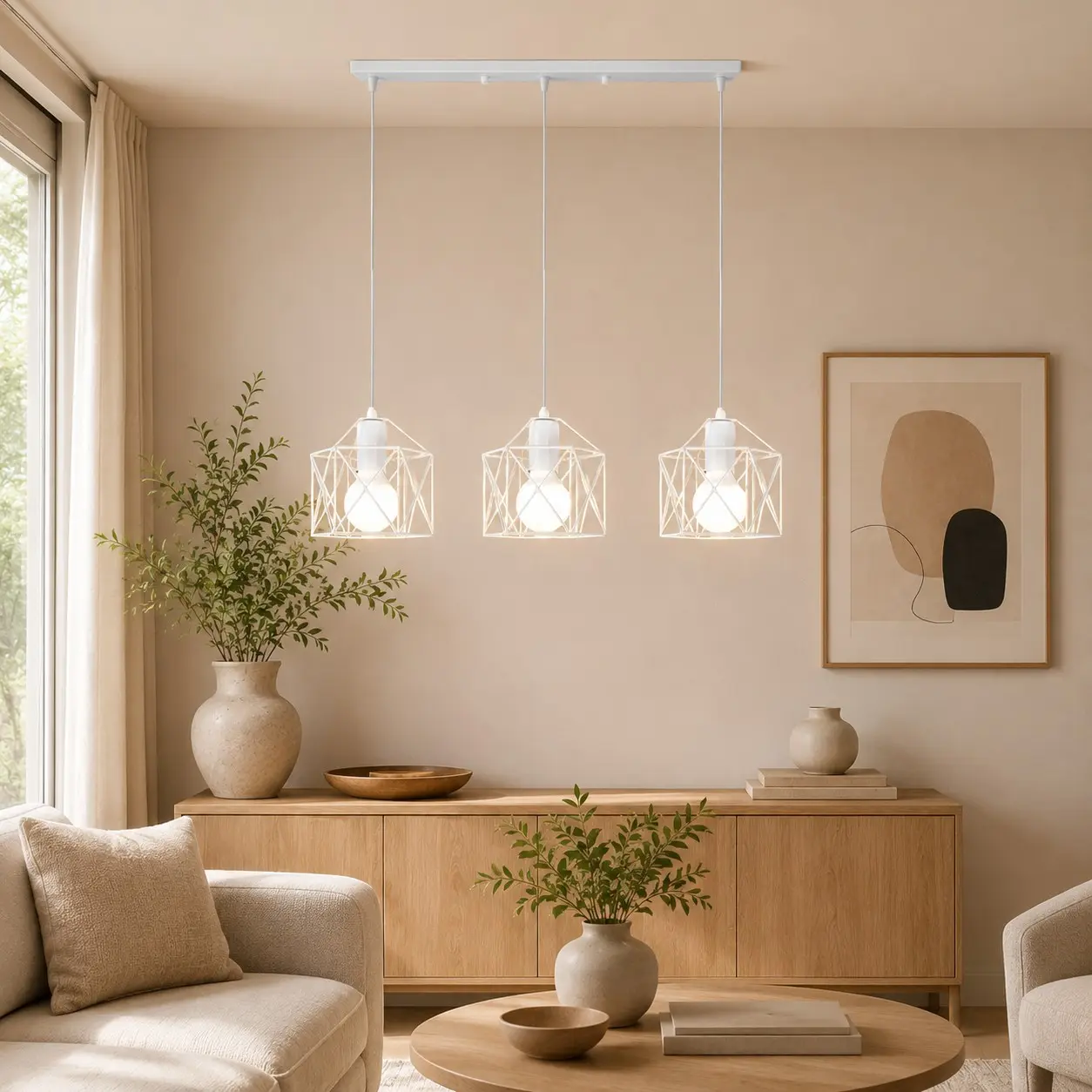 Three-Head Geometric Iron Cage Pendant Light, Adjustable Chain, Industrial Style, E27 Socket, Restaurant Kitchen Decor, No Bulb Included