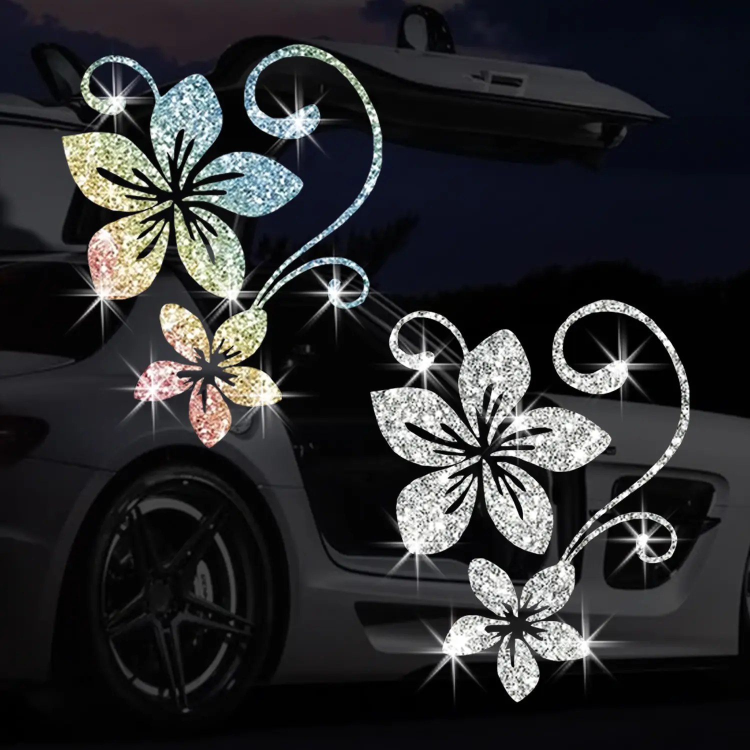 Bling Rhinestone Flower Car Stickers 2-Pack Glitter Crystal Floral Vine Decals Waterproof Auto Exterior Graphics Cute Window Bumper Decoration Gift for Women