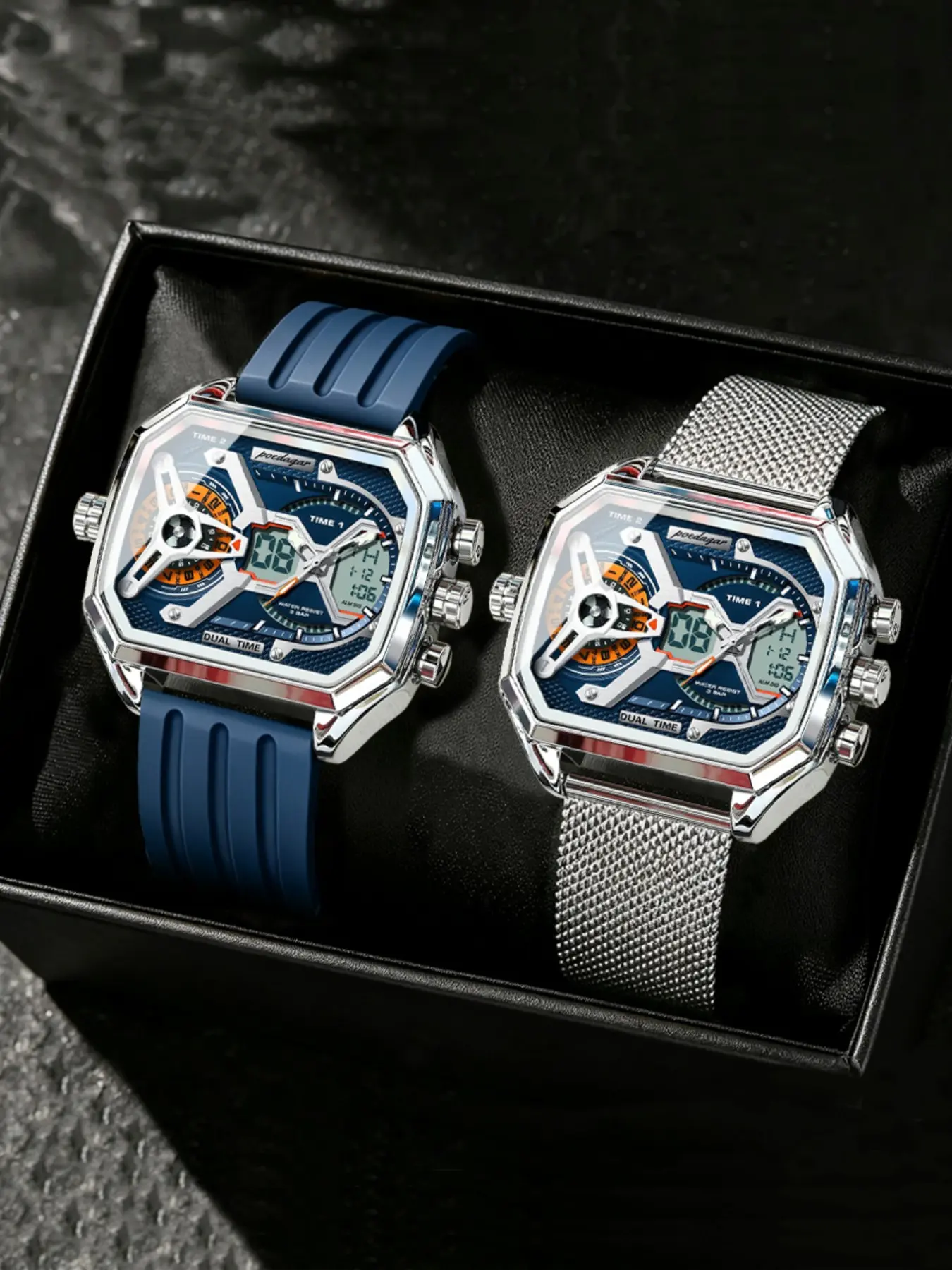 POEDAGAR top-tier men's quartz watch set for brothers, rectangular waterproof date and day Analog Digital Watch LED fashionable casual men's watch