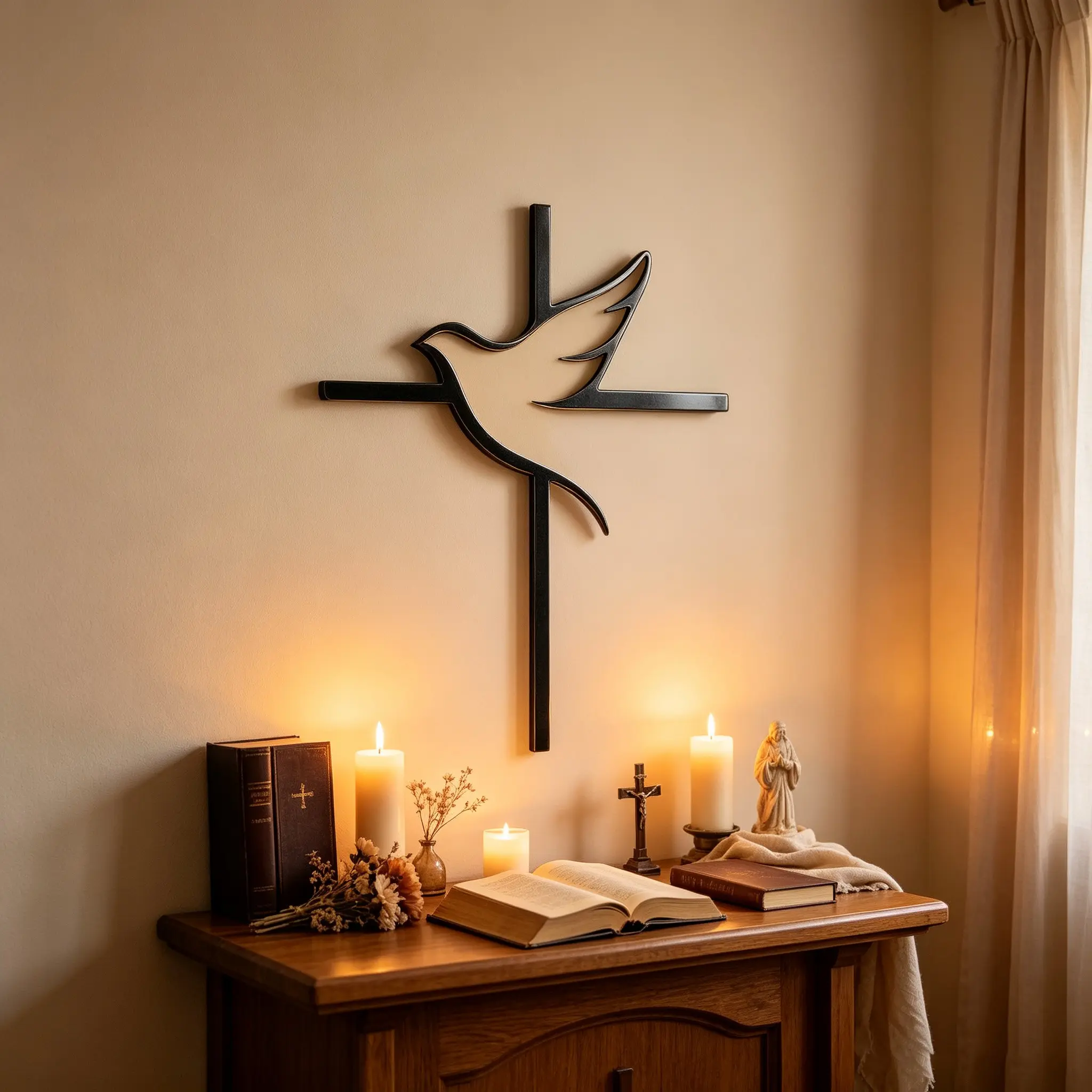 2D Metal Wall Sculpture, Dove and Cross Design, Rust-Resistant Iron Art, Church Garden Decor, Easter Christmas Gift, Faith Worship Scene