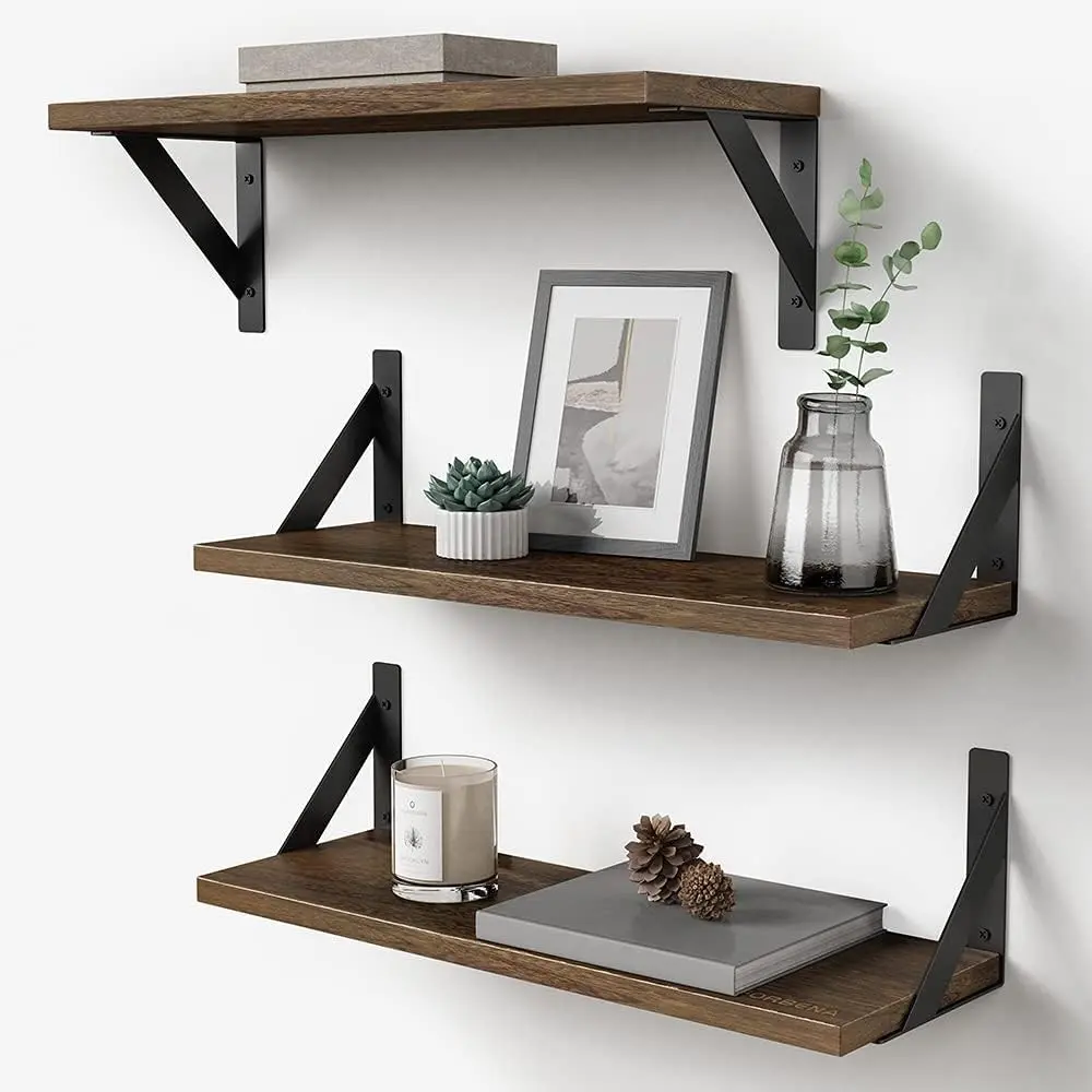 Rustic Floating Book Shelves for Wall Set of 3, 17 Inch Wood Wall Bookshelf for Bedroom, Wooden Wall Mounted Hanging Shelf for Office Living Room Bathroom Decor Pictures Books (Dark Brown)