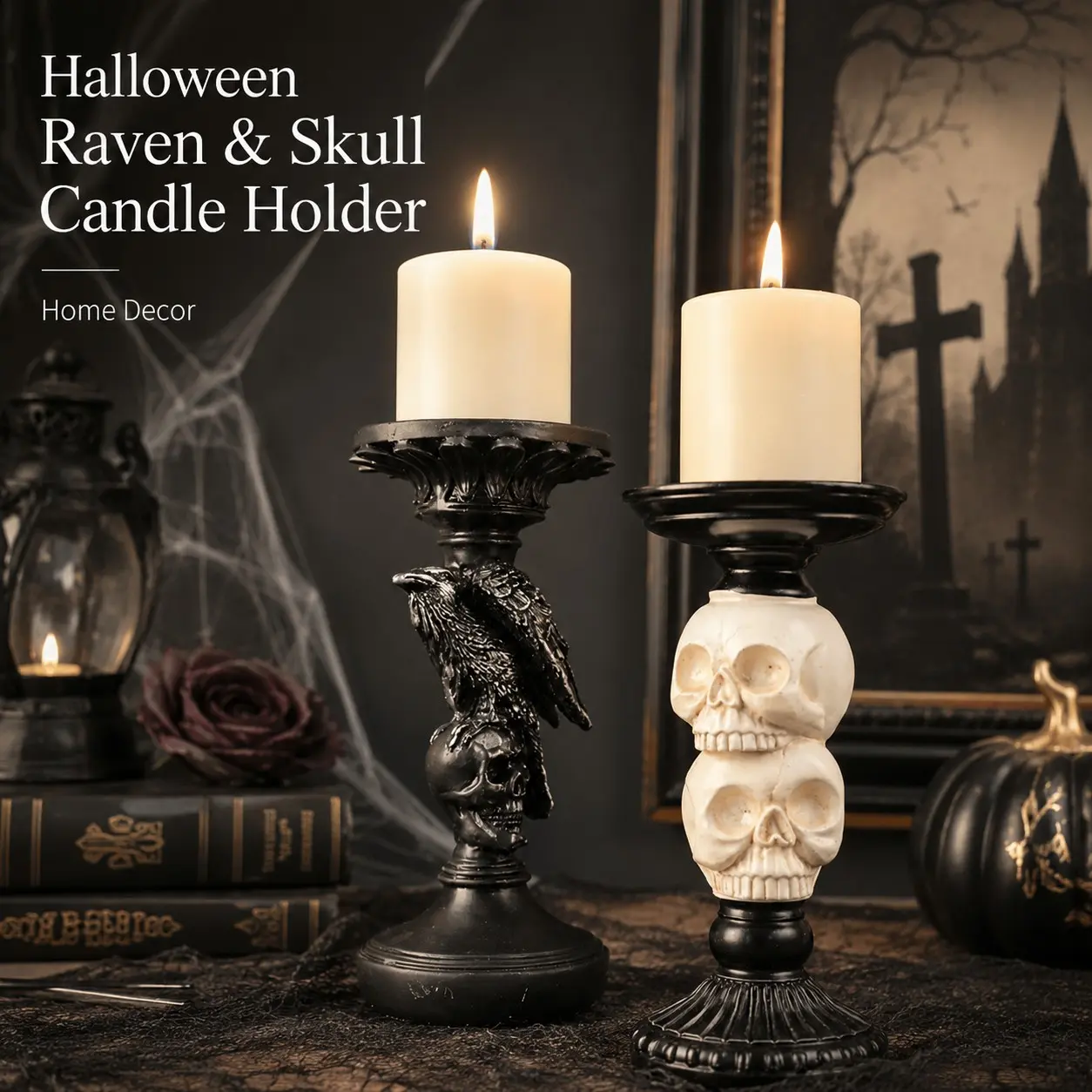 Halloween Raven & Skull Candle Holder Set, Gothic Resin Candle Stand, Home Decor for Table, Shelf & Party, Elegant Halloween Decoration