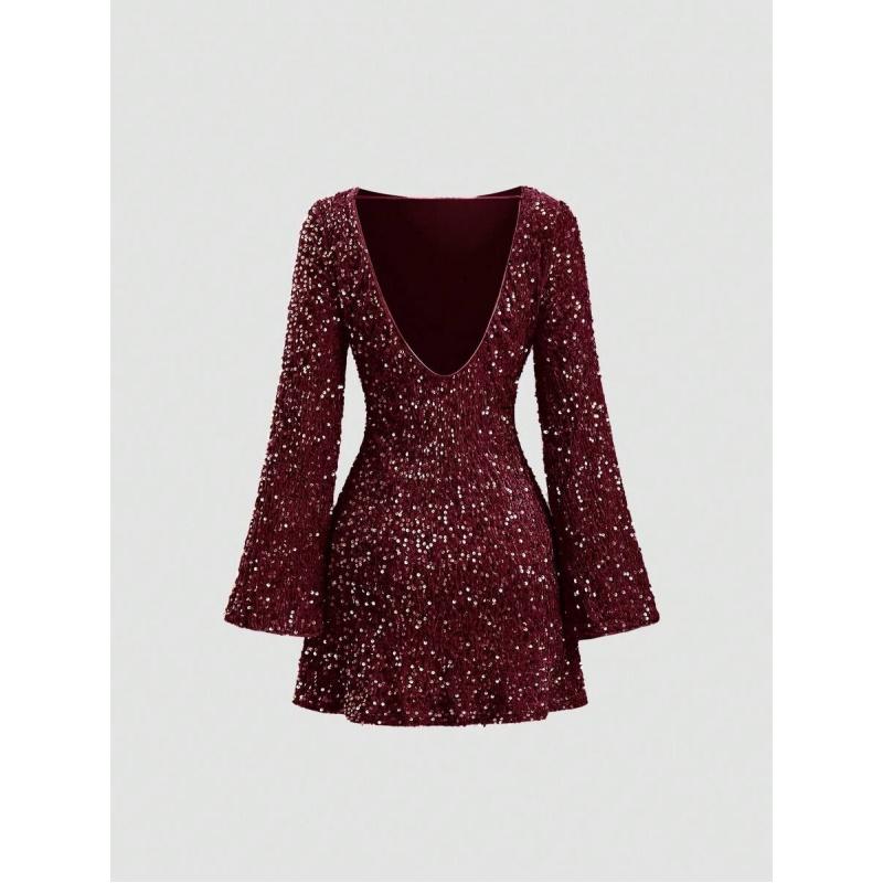 Women's Sequin Bodycon Dress Fall Winter Velvet Warm Long Sleeve Crew Neck Sexy Backless Glitter Slit Mini Dress,Backless, Contrast Sequin, Zipper,A Line
