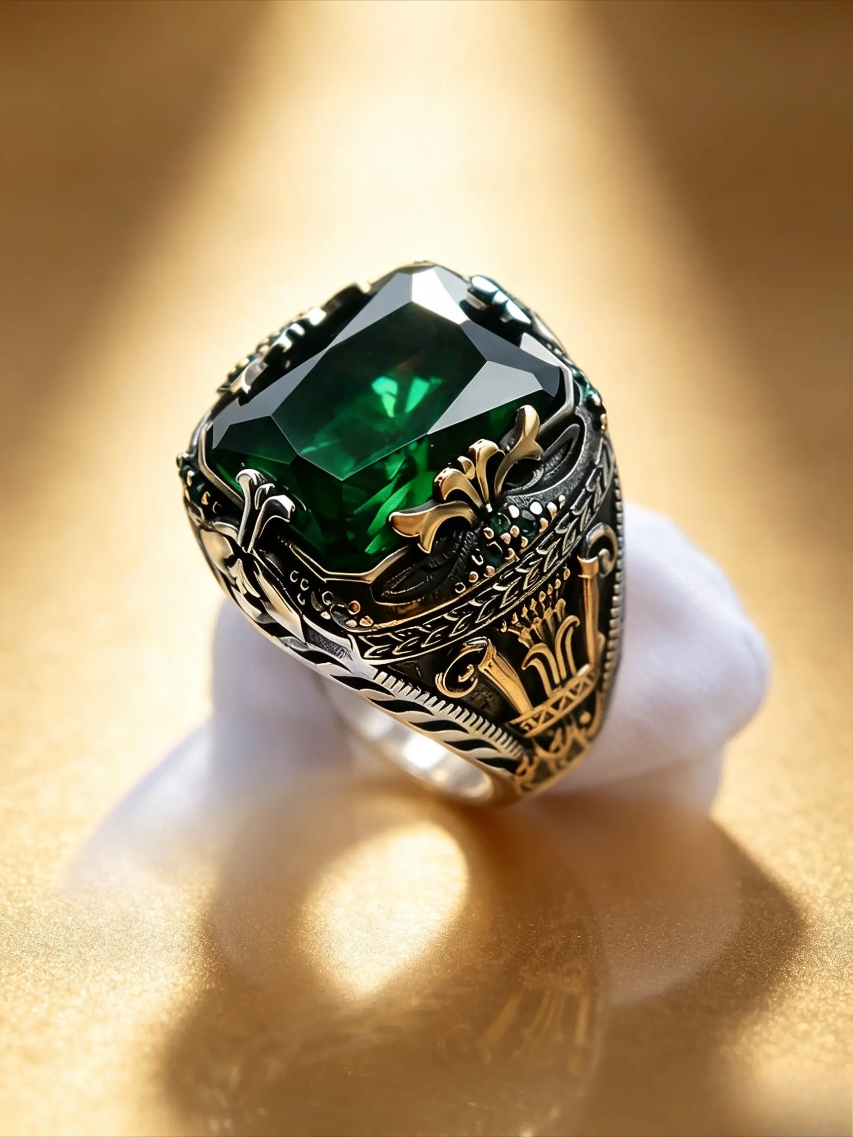 Two Tone Vintage Engraved Men Signet Ring, Chunky Signet Ring, Square Cushion Cut Imitation Gemstone Turkish Ottoman Style Finger Ring, Retro Carved Wide Band, Multiple Colors, Ideal For Daily Outfit, Biker Party, Nightclub