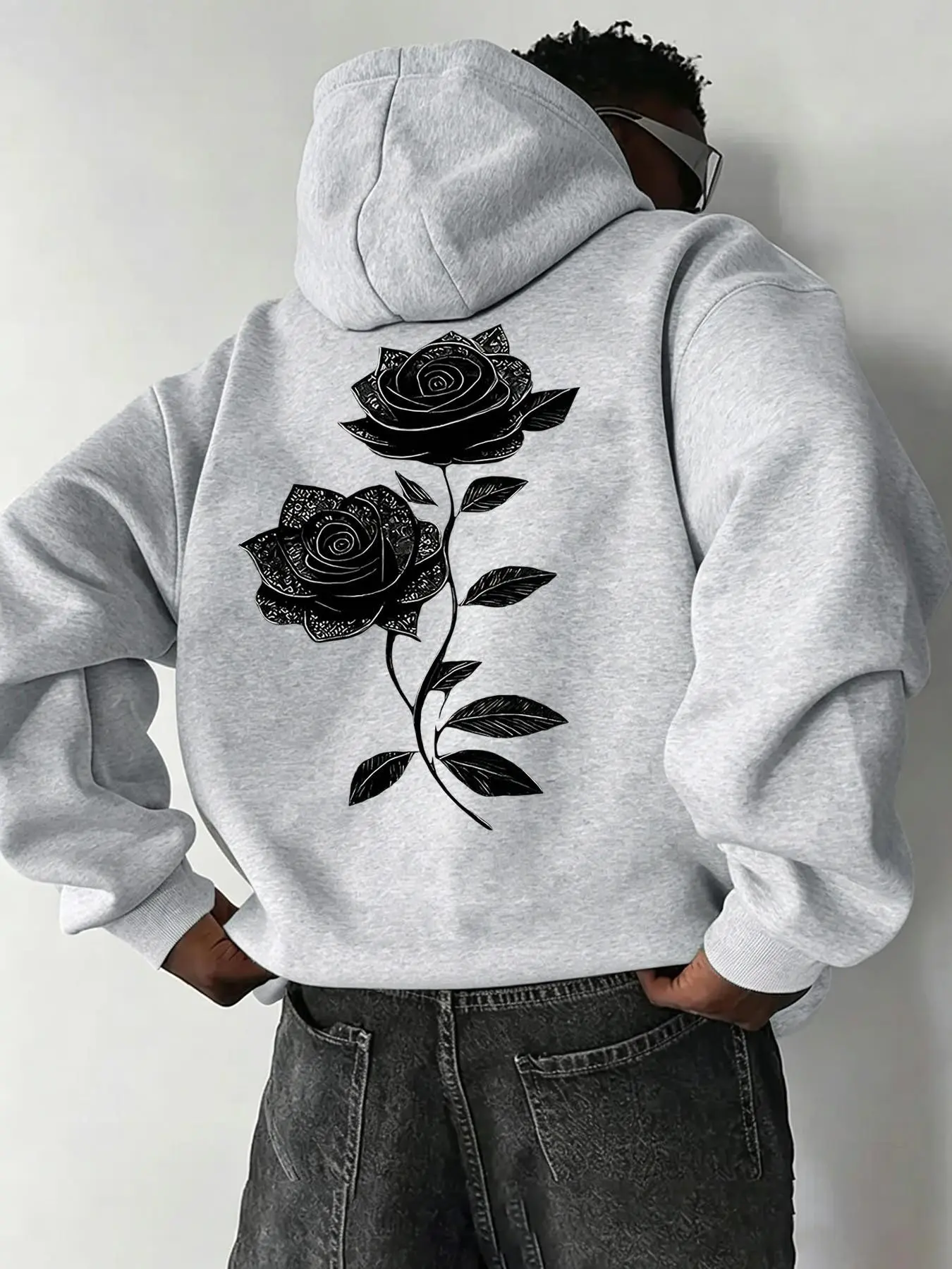 Men's Casual Loose Fit Hooded Sweatshirt, Rose Print Floral Fleece Lined Men's Pullover, Trendy Fall & Winter Outerwear