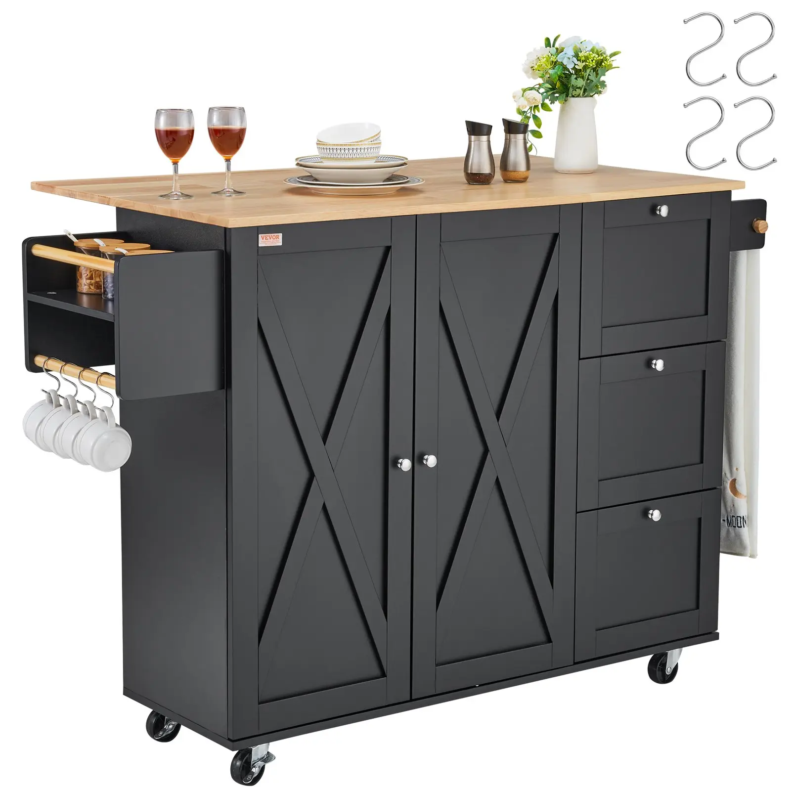 VEVOR 56 in Kitchen Island Cart with Wheels Base, Wood Top Mobile Cart with Kitchen Cabinet Storage, Drop Leaf, Spice Rack, Towel Bar, Adjustable Shelf, Drawer, Hooks, Black Indoor Furniture Rolling Table