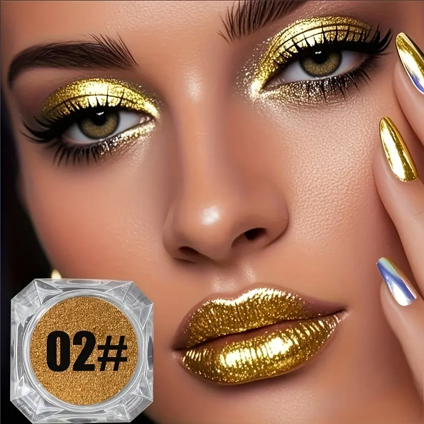 Shimmer Glitter Powder, Long Lasting & Smooth Multi-Use Pigment with Mirror Finish for Eyes, Lips, and Face Highlighter - Bright Gold 02# or Silver 03#, Gentle, Silky, Sparkly Makeup, Bling Effect