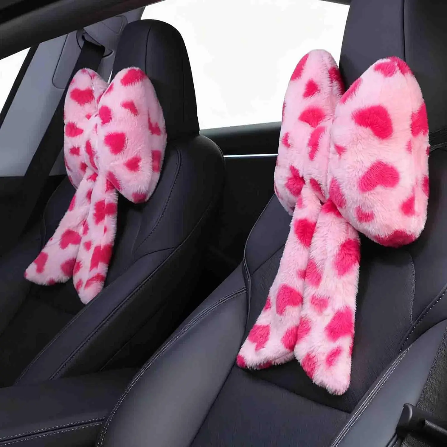 2 Pcs Car Neck Pillow Plush Butterfly Bow Car Headrest Pillow Comfortable Seat Neck Support Cute Head Rest Accessories Driving Travel Driver Chair Girl Style Interior Decor(Pink Heart)
