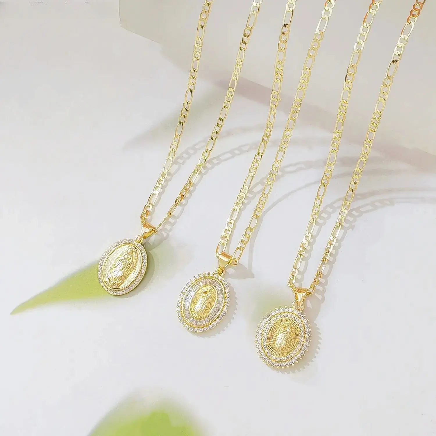14K Gold Plated Virgin Mary Necklace for Women Men Our Lady of Guadalupe Pendant with CZ Diamonds Stainless Steel Figaro Chain Catholic Religious Jewelry