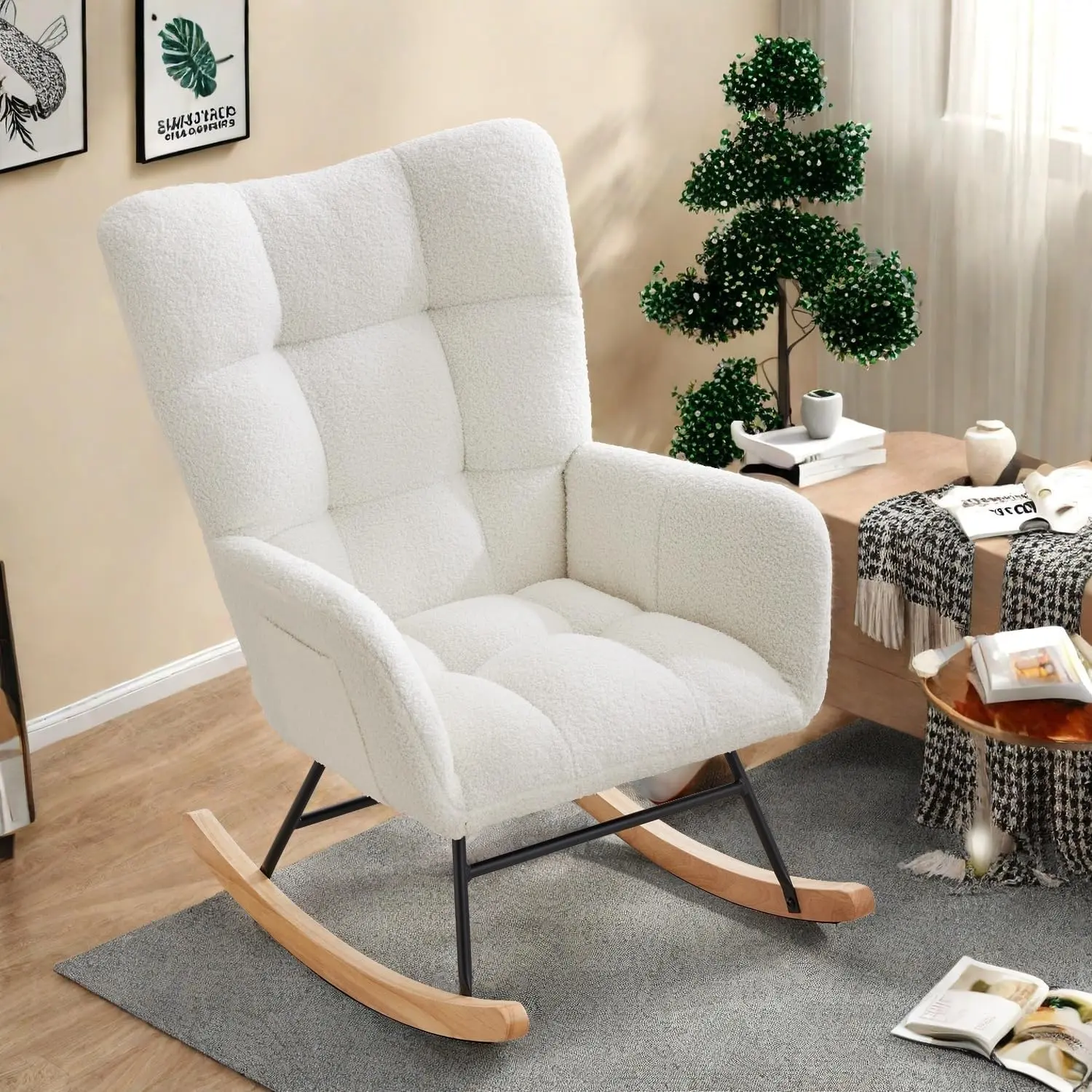 Modern Upholstered Glider Rocker with High Back, Side Pocket & Armrest – Soft Stuffed-Animal Accent Chair for Nursery, Bedroom, Living Room