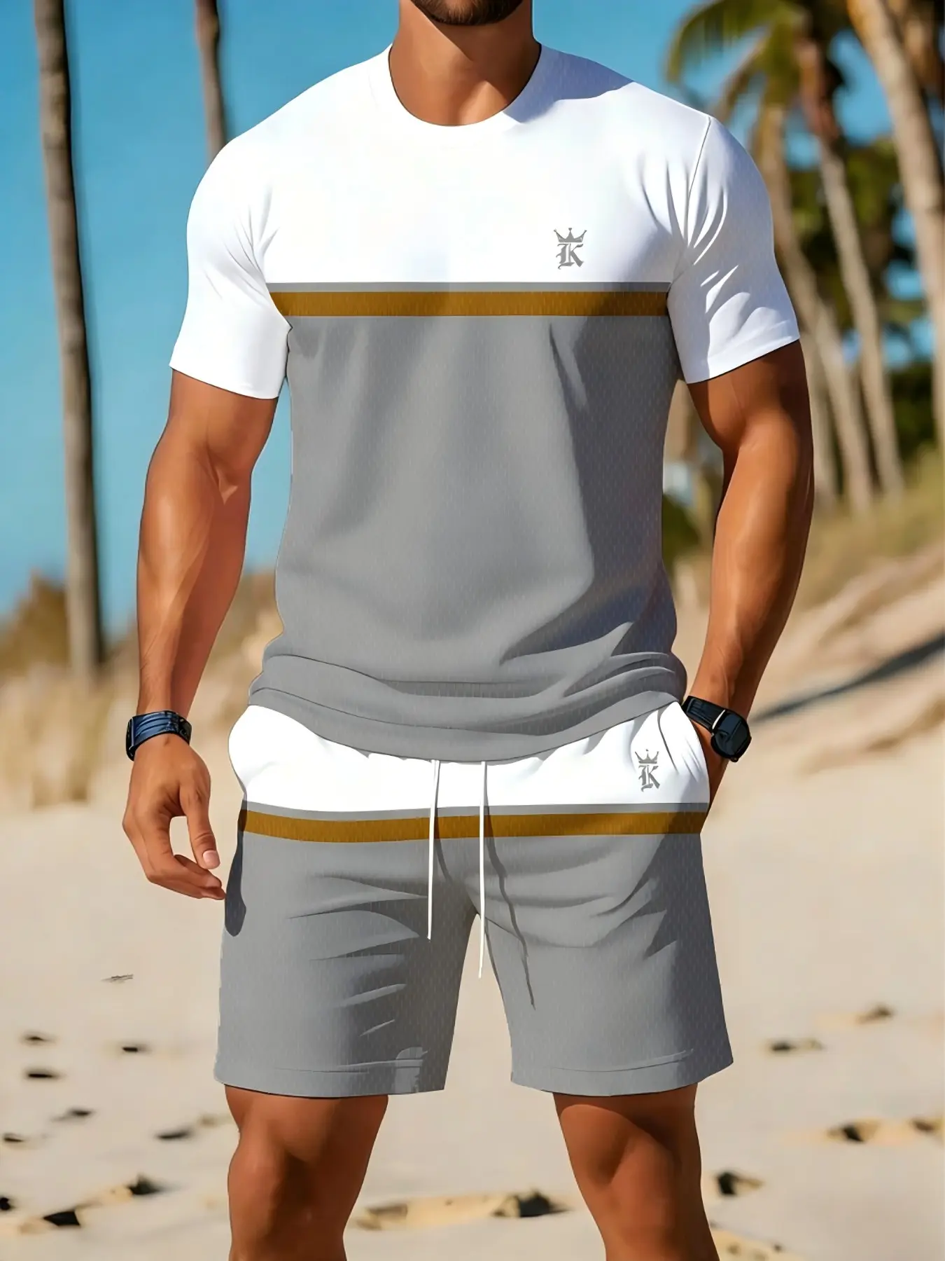 Men's Colorblock Shirt and Shorts 2-Piece Set, Summer Casual Sporty Set Outfit, Beachwear
