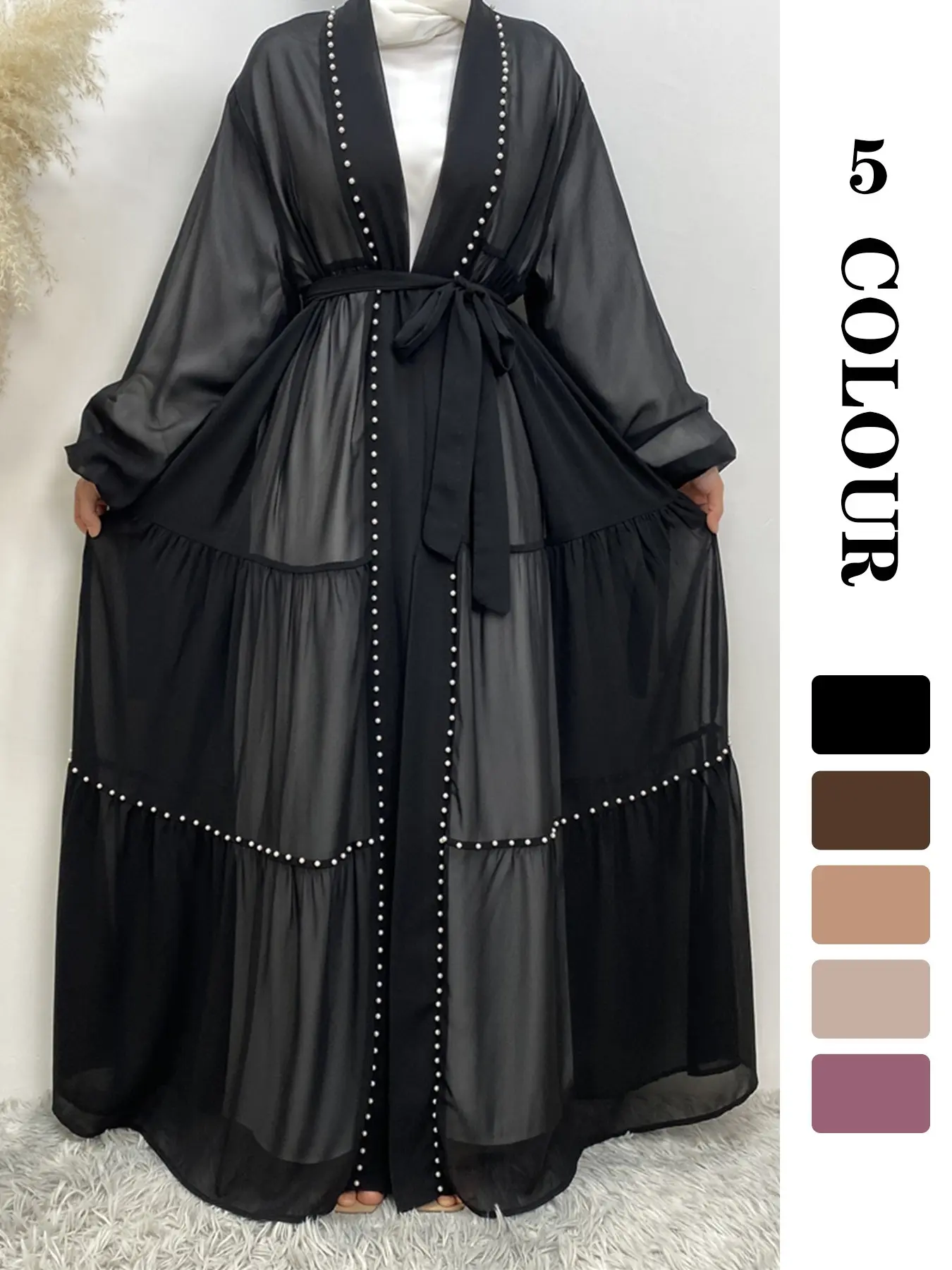 Women's Solid Color Rhinestone Decor Lace Abaya, Modest Fashion Long Sleeve Open Front Abaya for Daily Wear, Women's Muslim Clothing Islamic Clothing for Summer[Does not include inner and hijab]