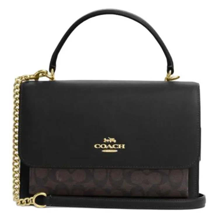 Women's COACH Klare 25 Crossbody Handbag - Archive Style Women's Handbags, Minimalist Colorblock, Scratchproof Leather & Coated Twill, Lightweight, Gold-Logo Snap & Turn-Lock Closure, Walnut-Black 2-Tone