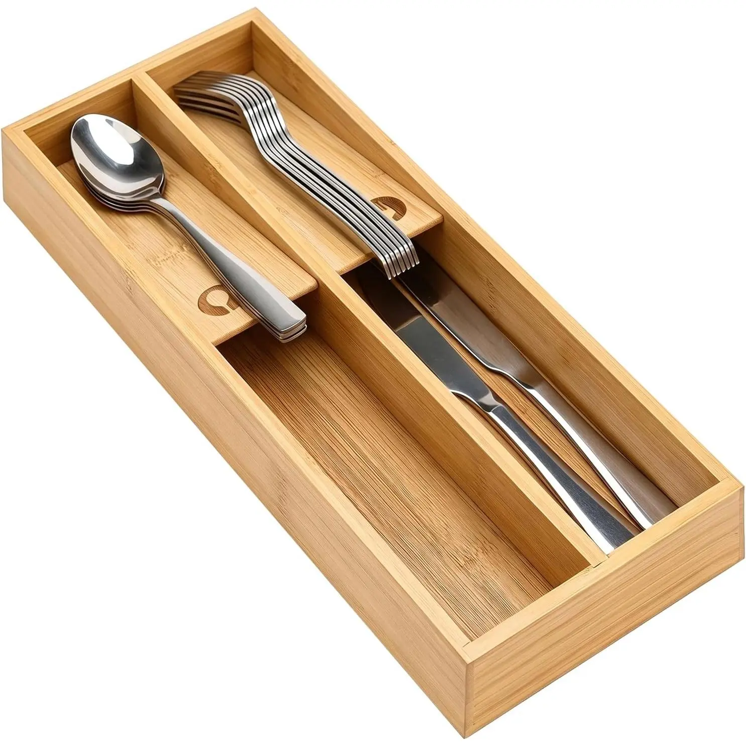 Bamboo Kitchen Utensil Organizer for Drawer - Narrow Wooden Cutlery Tray, Skinny Silverware Caddy, Fork and Spoon Holder, Smooth