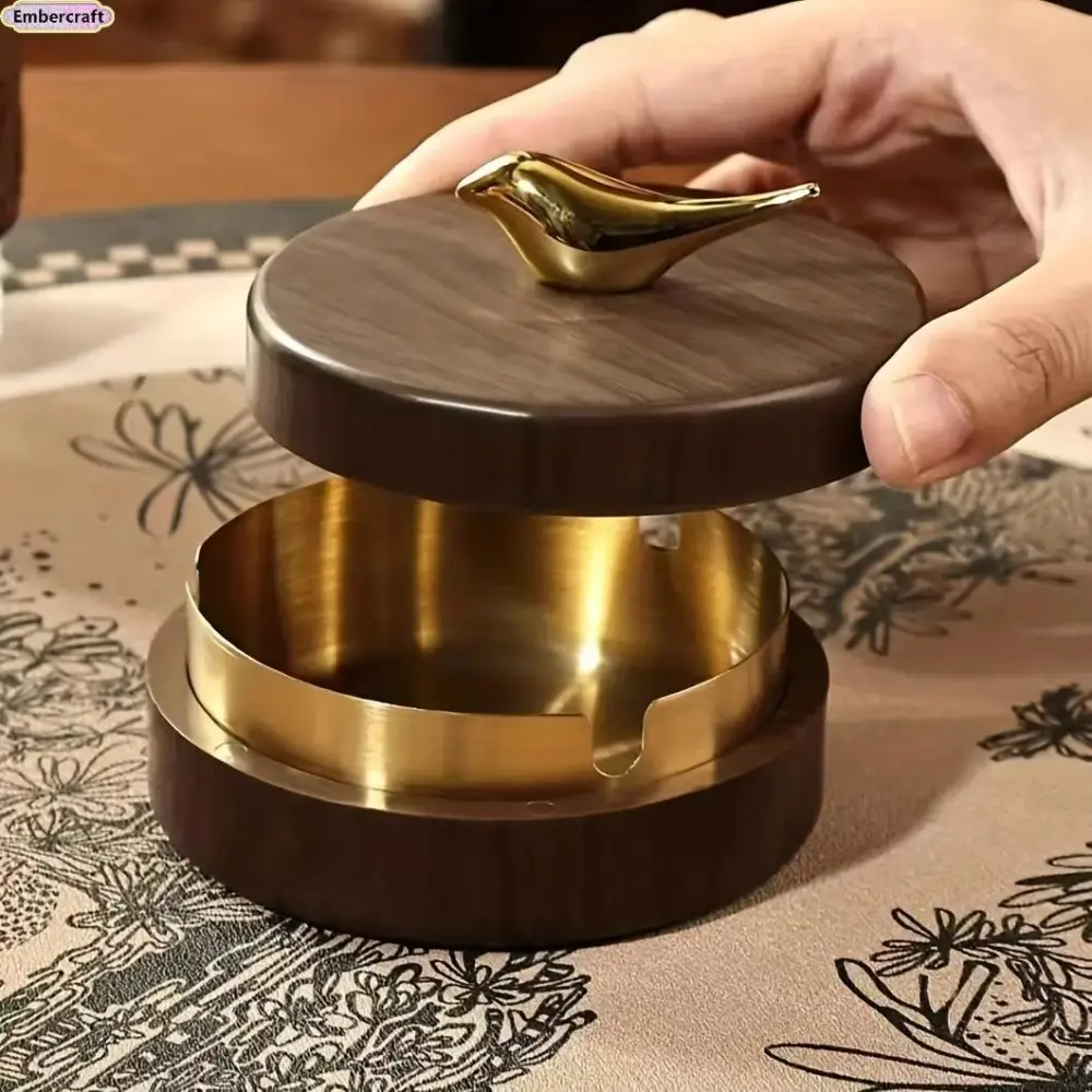Windproof Odor‑Resistant Ashtray With Lid, Retro Modern Home Ornament, Walnut‑Tone Wooden Cover With Golden Bird Accent, Dual‑Use Decor For Household Desktop And Vehicle Interior Spaces