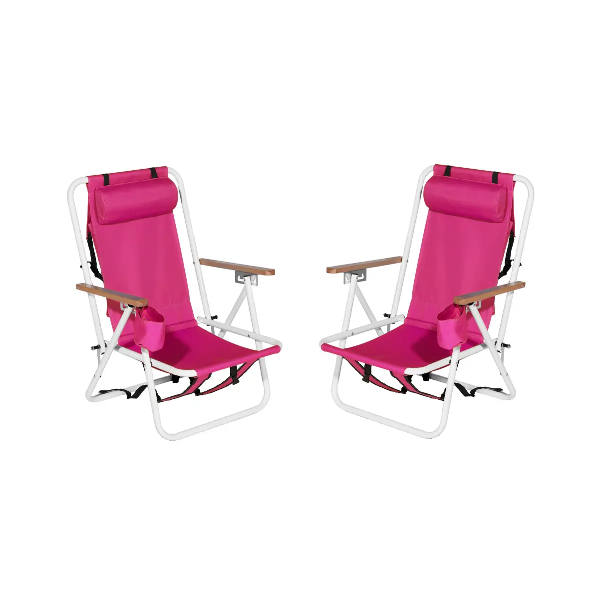 Set of 2PCS Pack 4-Position Adjustable Folding Beach Chairs, Heavy Duty Steel Frame Outdoor Lawn Chair with Oxford Fabric, Supports up to 265 LBS for Patio Camping Pool, Barbie Pink