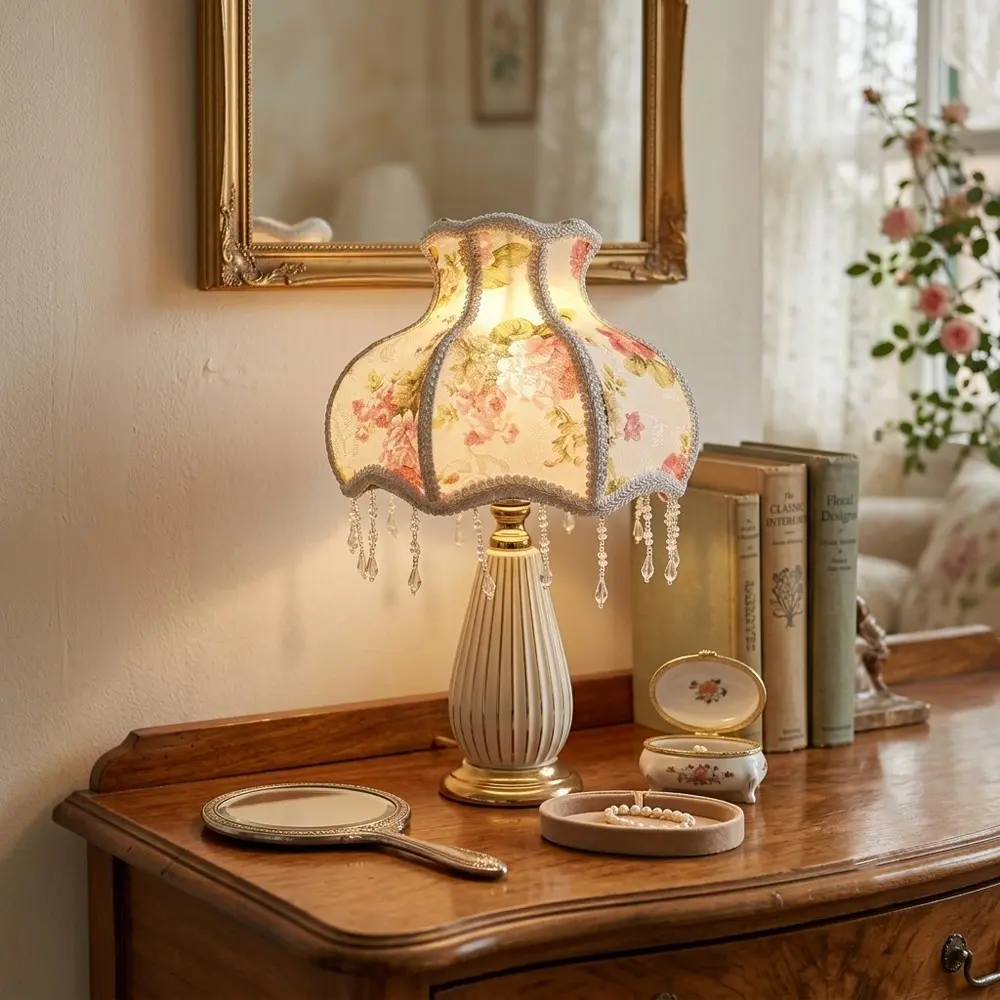 Vintage Floral Beaded Fringe Lampshade, Lace Rose Lampshade, Romantic Princess Style, Small Desk Lamp Shade, Bedroom Decor, Elegant Lighting, Decorative Atmosphere Lighting