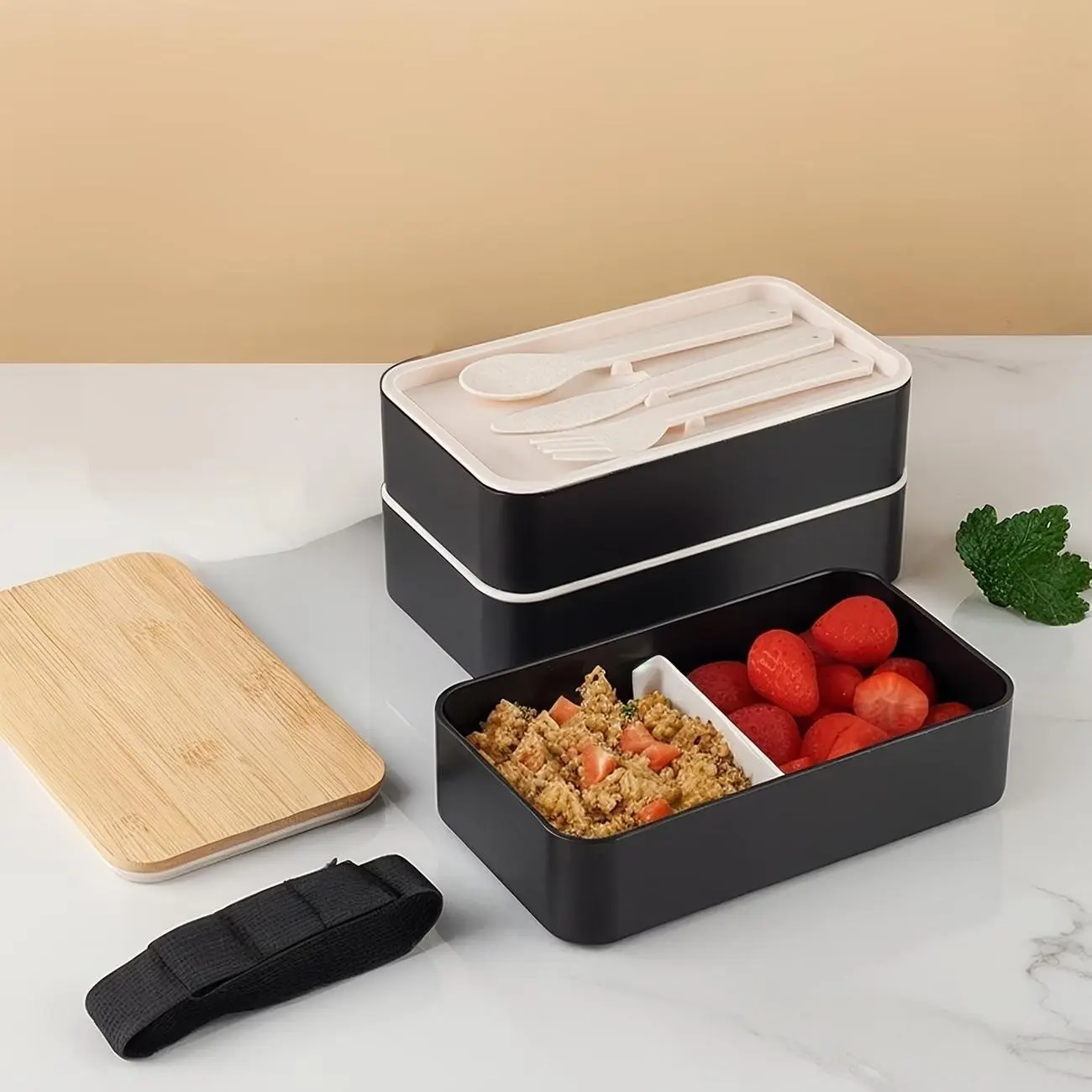 Japanese-style double-layer lunch box , comes with knife, spoon, and fork, features independent compartments for insulation, large capacity, microwave-safe plastic storage, modern kitchen lunch box, leak-proof, reusable.